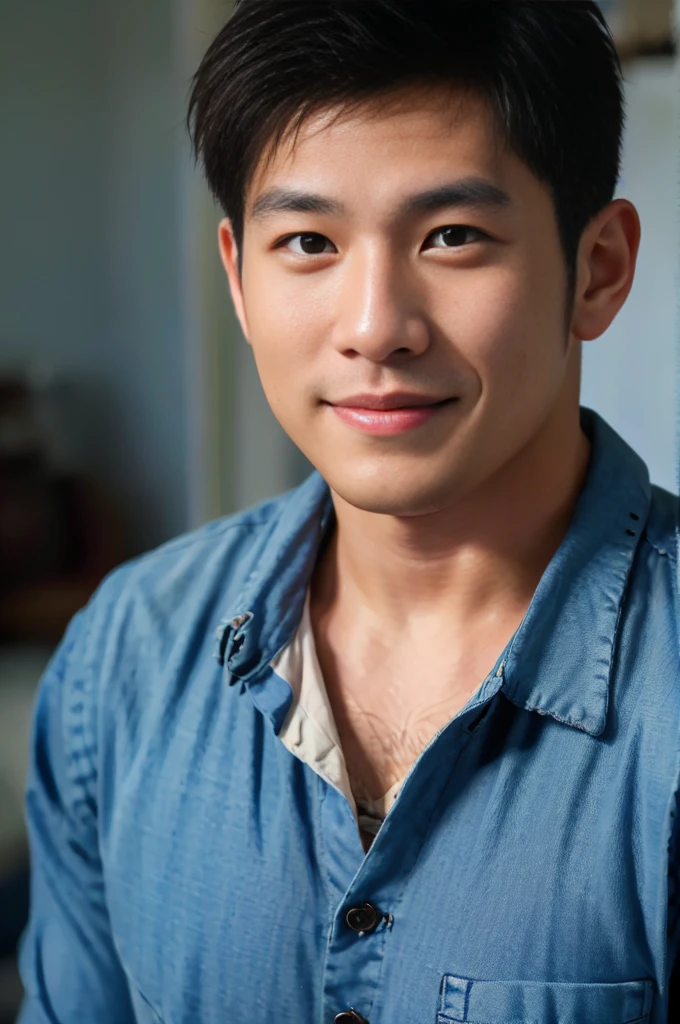 ((Highest quality, 8K, Masterpiece: 1.3))、Thailand Laos Burma Asia, Thai man, A handsome Asian rugby player with short hair, a muscular beard, and big muscles., 1A man who has、 yo、Good appearance、Beautiful nose、smile、 Detailed eyes and face、beautiful light、(studio)、high resolution、(Look at the viewer.)、Fine mouth、smile、whole body: 1.5, perfect shape: 1.3, looking at camera ,Blue button-up shirt, ((bedroom)), sunlight looking at the field