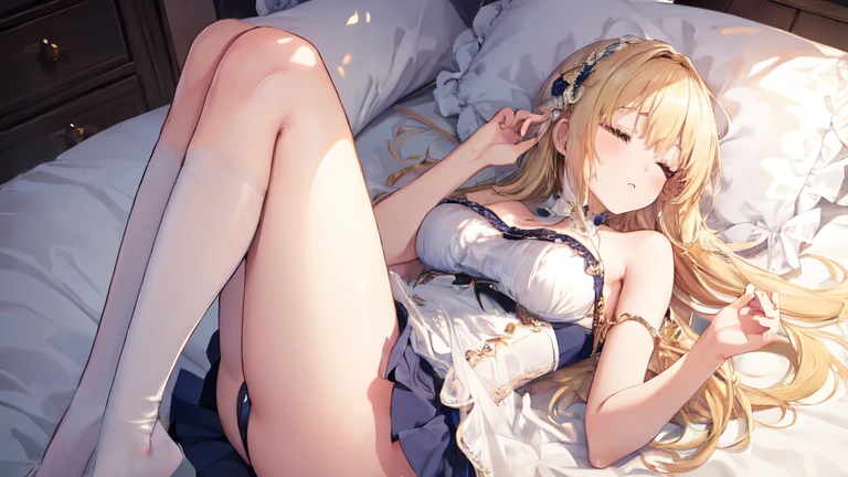 best quality，Super detailed，Perfect limbs，floor、mini skirt，Swimsuit，Bright，one person，blond，Sexy、Deep sleep、long hair、Stockings，Clothes with intricate details