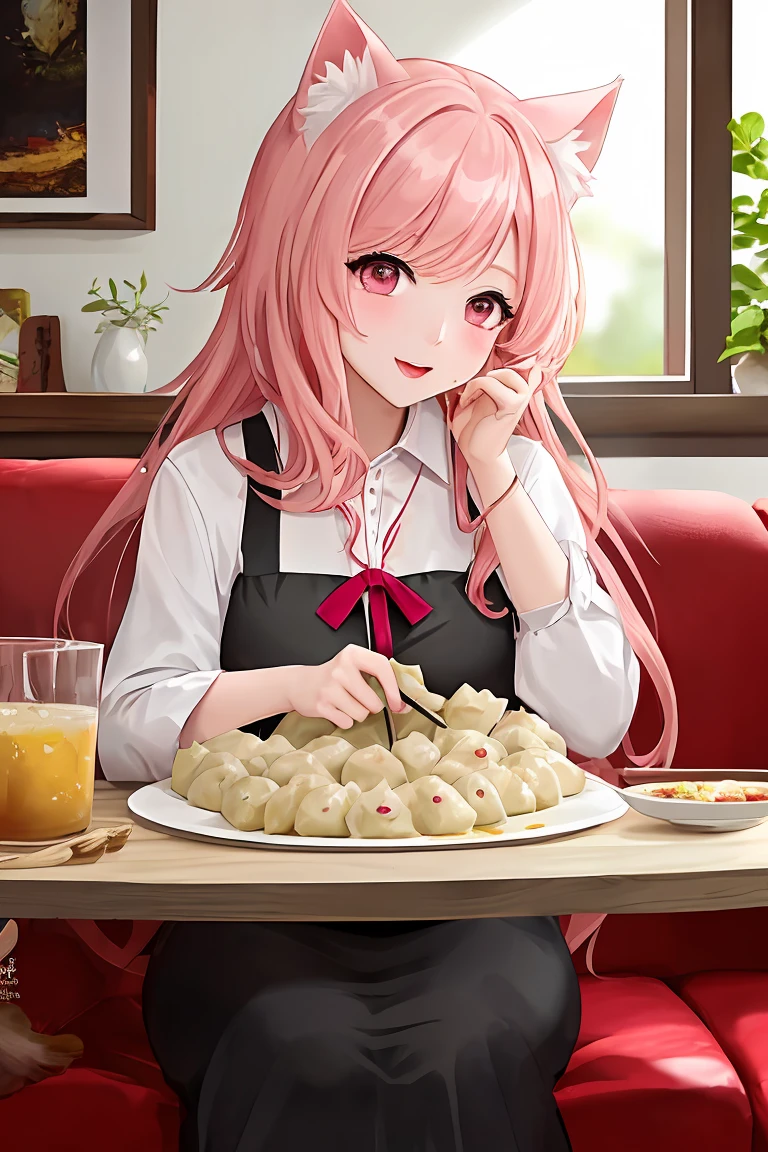 (score_9,score_8_up,score_7_up,score_6_up,score_5_up,score_4_up),masterpiece, top quality, best quality, official art, beautiful and aesthetic, animation, , 1girl with cat ear, perfect figure, pink hair, complicated details, living room, sitting at the dining table, imagining delicious dumplings ,