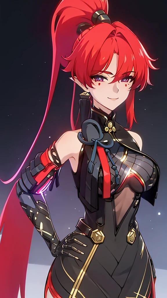 Robot ears,milf,red hair , ponytail hair, black dress, emission eyes, big breasts, correct anatomy,milf smile