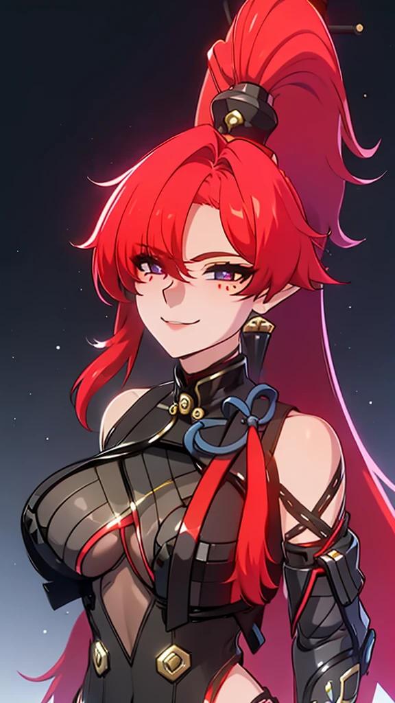 Robot ears,milf,red hair , ponytail hair, black dress, emission eyes, big breasts, correct anatomy,milf smile