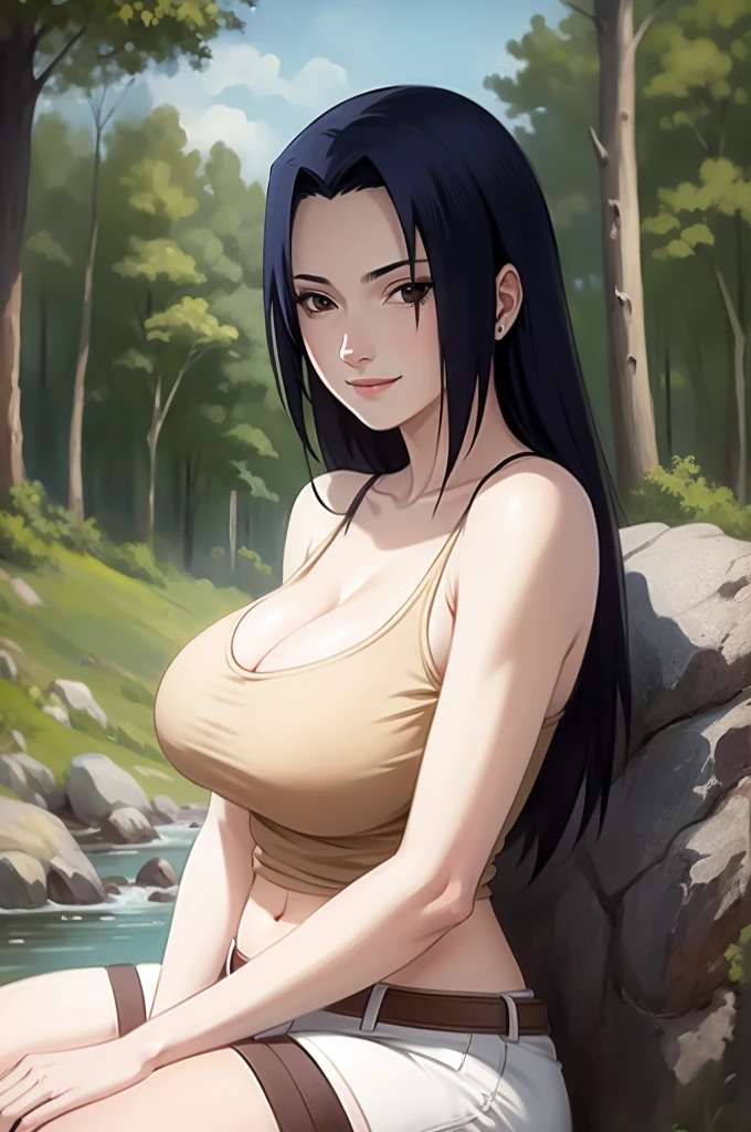Mikoto Uchiha, oil painting, highly detailed, realistic, portrait, bright colors, soft lighting, (best quality, 4k,8k, height, masterpiece: 1.2), (big round : 1.5), professional, long black hair, eyes black, beautiful detailed eyes and face, very detailed smile, long eyelashes, sitting on a rock, looking towards the viewer, very short top, big butt, bshoulders, white shorts, outdoors, forest, cowboy shot, collarbone.