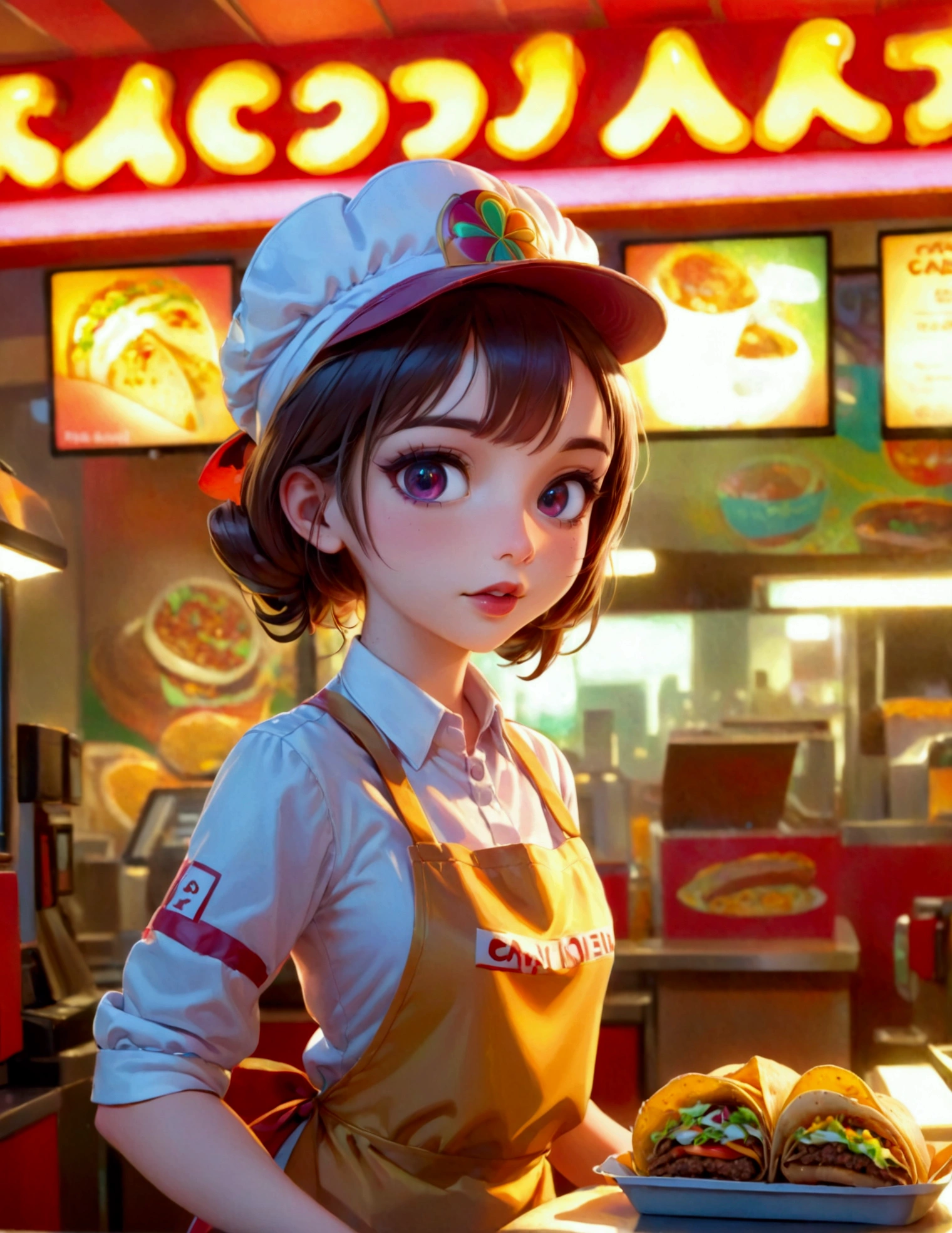 A cute android fast food worker in an apron and cap, awkwardly happy poses, working the cash register at a crowded, busy Taco Bell, 1girl, detailed face, detailed eyes, detailed lips, hyperrealistic, studio lighting, 8k, extremely detailed, intricate, highly detailed, photorealistic, digital art, concept art, vibrant colors, warm lighting