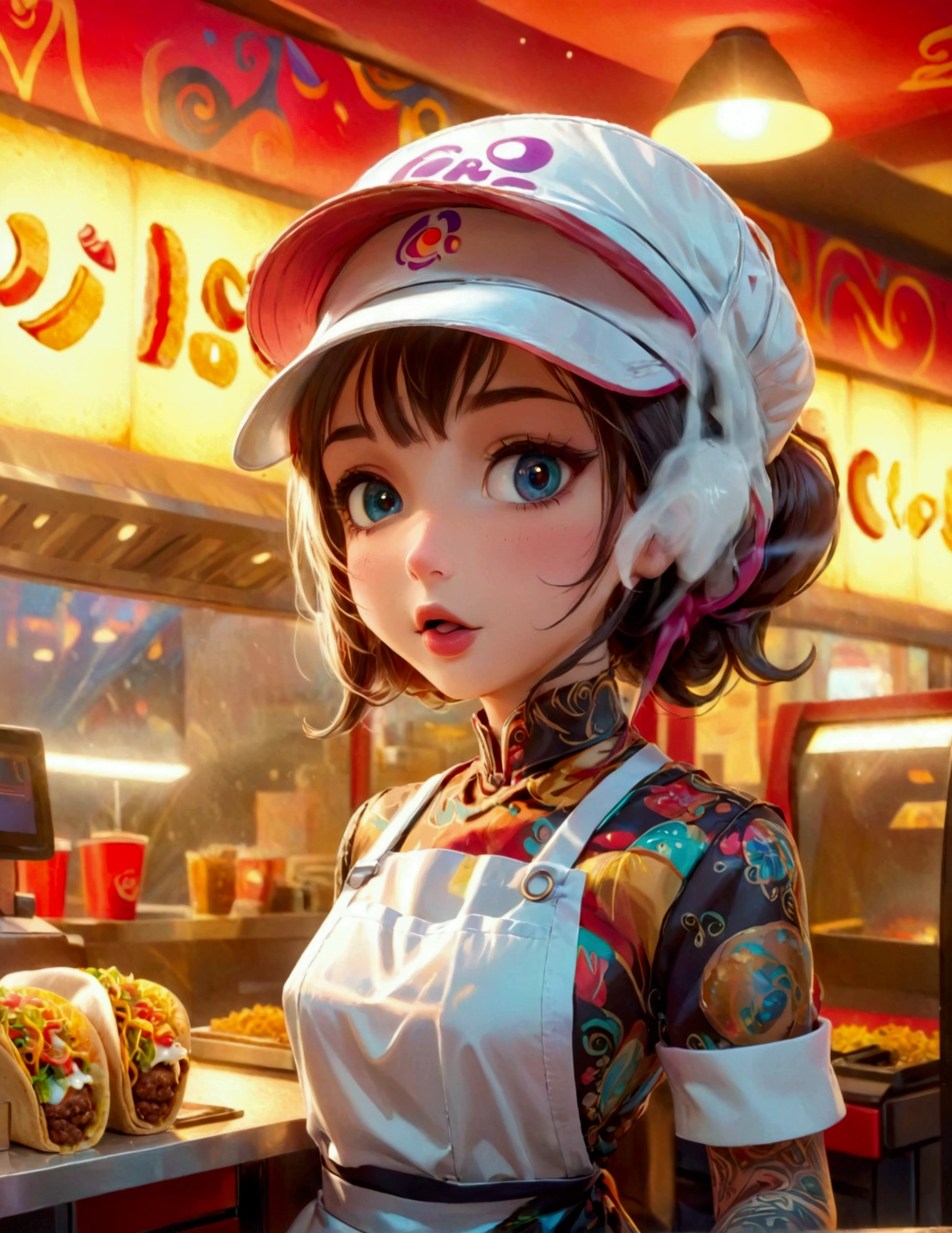 (masterpiece:1.4), (best quality:1.4), (high resolution:1.4), cartoon style, TiffCrust <lora:TiffCrust:1>, smile, black short hair, pigtails, cowboy shot, black shirt, pale skin, looking at viewer, detailed face, detailed eyes, small breasts, survy, shortstack, wide hips, pink beanie, pink bootyshorts, artstation female body, from the front, dynamic pose, solo, 1girl, eating bread, in a bakery, baker apron, pink apron <lora:add_detail:0.7>