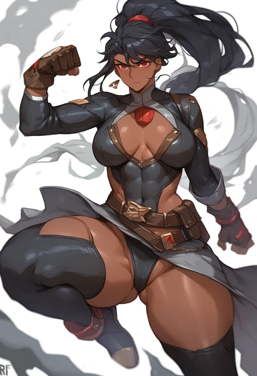 character, dark skinned woman, with red eyes, Pretty long black hair with ponytail, strong body and somewhat large thighs and chest, wearing a black and gray hero costume., up to the neck with black stockings with Black with gray, brown gloves and a belt, in a rude pose, fighting pose