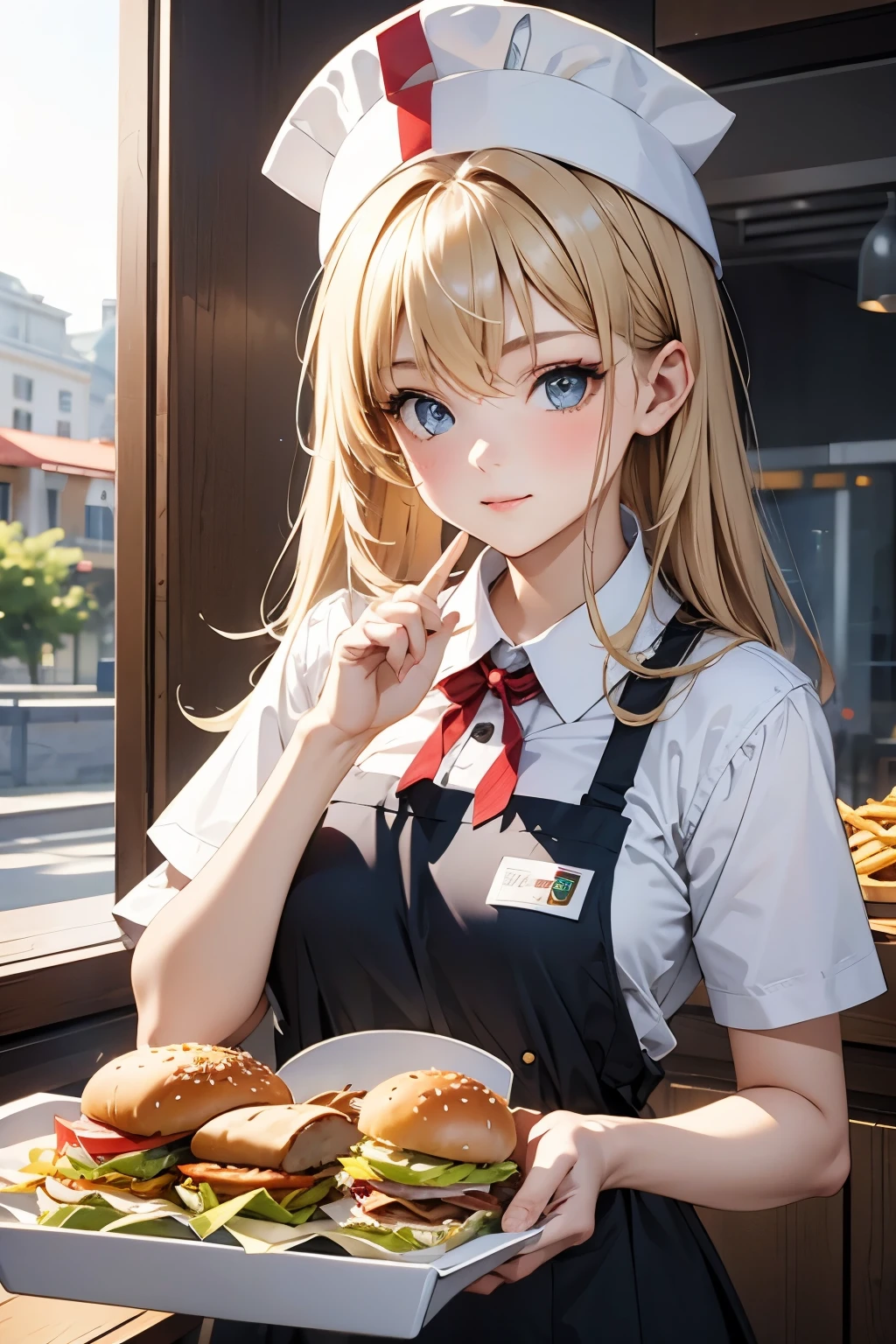  (Young woman wearing a fast food restaurant uniform、Wearing a paper hat、hamburger_french fries_Holding a tray with drinks:1.4)、Colorful uniforms、Bust Up Illustration、White Background、(Front view:1.4)、(Highest quality)、(masterpiece)、(detailed)、