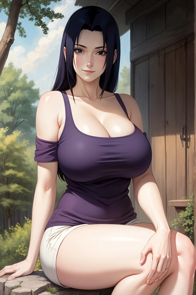 Mikoto Uchiha, oil painting, highly detailed, realistic, portrait, bright colors, soft lighting, (best quality, 4k,8k, height, masterpiece: 1.2), (big round breasts: 1.5), professional, long black hair, eyes black, beautiful detailed eyes and face, very detailed smile, long eyelashes, sitting on a rock, looking towards the viewer, very short top, big butt, bare shoulders, white shorts, outdoors, forest, cowboy shot, collarbone.