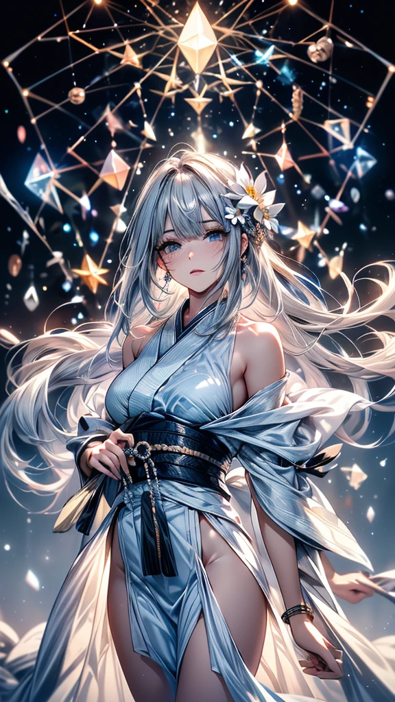 (Ultra-delicate), (Clear focus), (high resolution), Deformed depth of field blurred background, Detailed background, Perfect layer cutting, Atmospheric distance sense, (full-body shot/Cowboy shooting/Rear view/Top view/Top view), wallpaper, (((Silver hair gradient streaked light blue end))), Cute beauty face, (focus on face), Ultra-detailed facial texture, ((Clear light blue eyes)), thin eyebrows, long upper eyelashes, double eyelids, Upper Eye, High-fidelity eyes, (Super detailed eyes), Sexy and attractive lips, Richly detailed lips, White skin, delicate skin, Micro light, complicated, familiar, black magician, particle, constellation, Stardust, universe, ((flower)), comfortable peace, peaceful, Japan, Himiko, kimono, With crystal, Fortune Telling, time and space, artistic, 8K