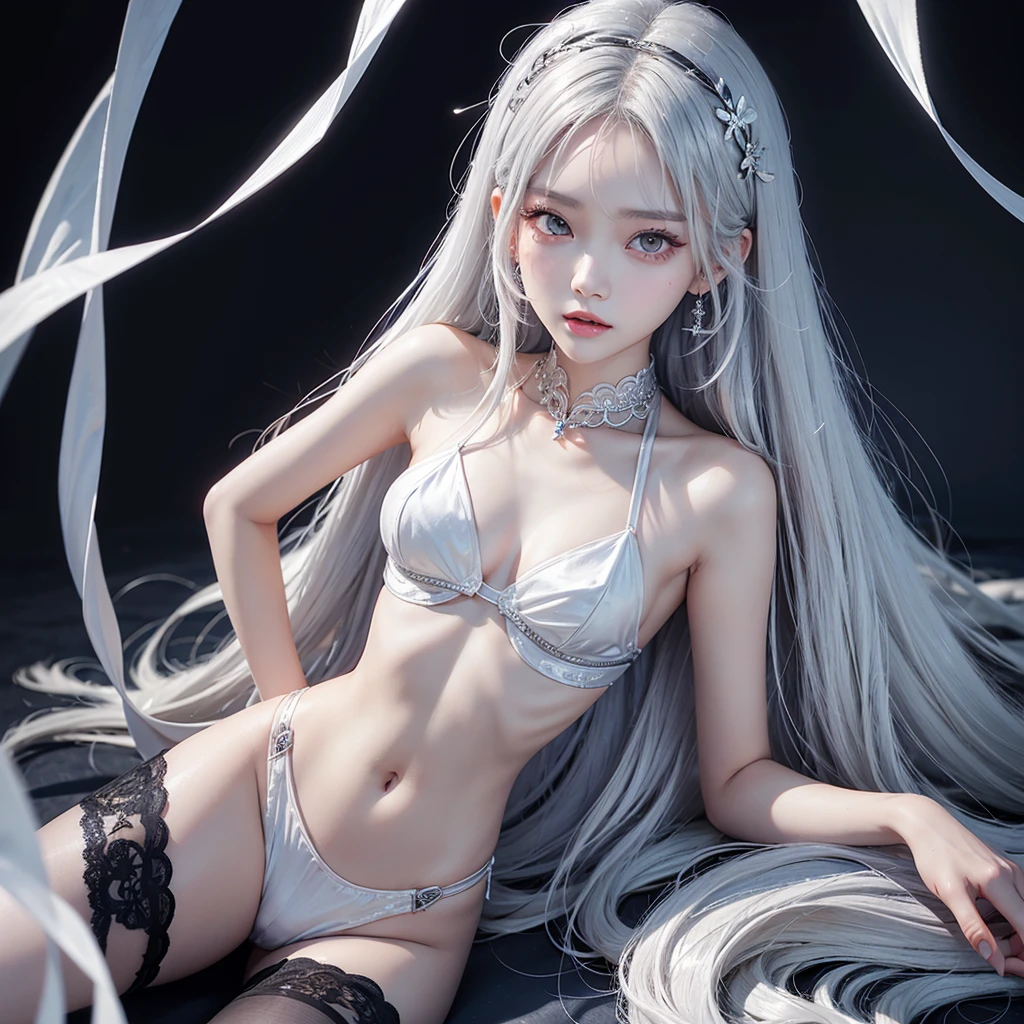 TWICE tzuyu,Korean beauty, silvery white hair, long hair, small face, fair skin, narrow eyes, slanted eyes, slender, big breasts, sex appeal, lustrous, mature