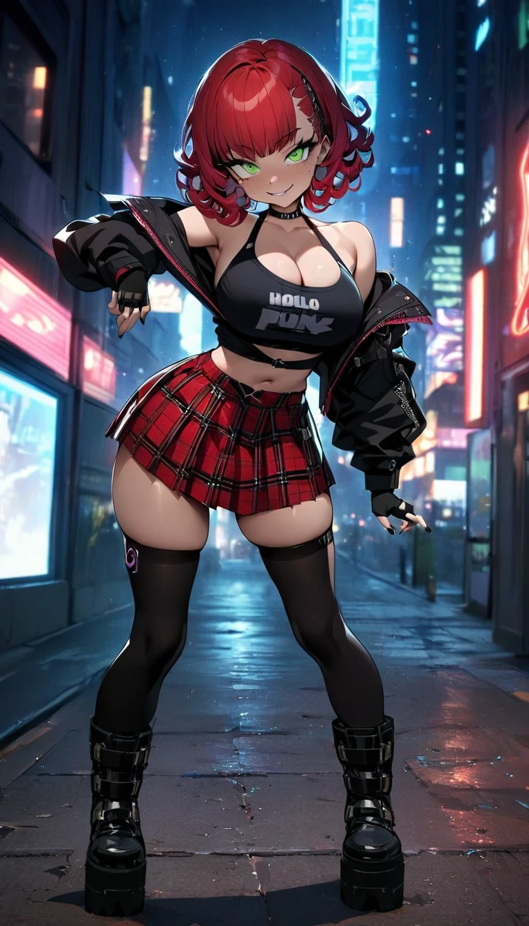 Female, dark skinned, spikey red hair, red fur, thick thighs, large breasts, yellow eyes, eyeshadow, black tube top, open cropped jacket, black hot pants, fishnet leg wear, scar over one eye, full body shot, tall, sharp eyes