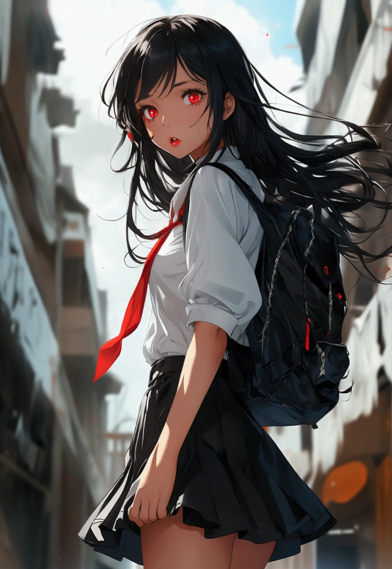 Girl with very long curly black hair, red eyes, BROWN SKIN , big breasts, thin waist, big hips, open white blouse, black school skirt , black stockings, black backpack, escaping in a zombie apocalypse.