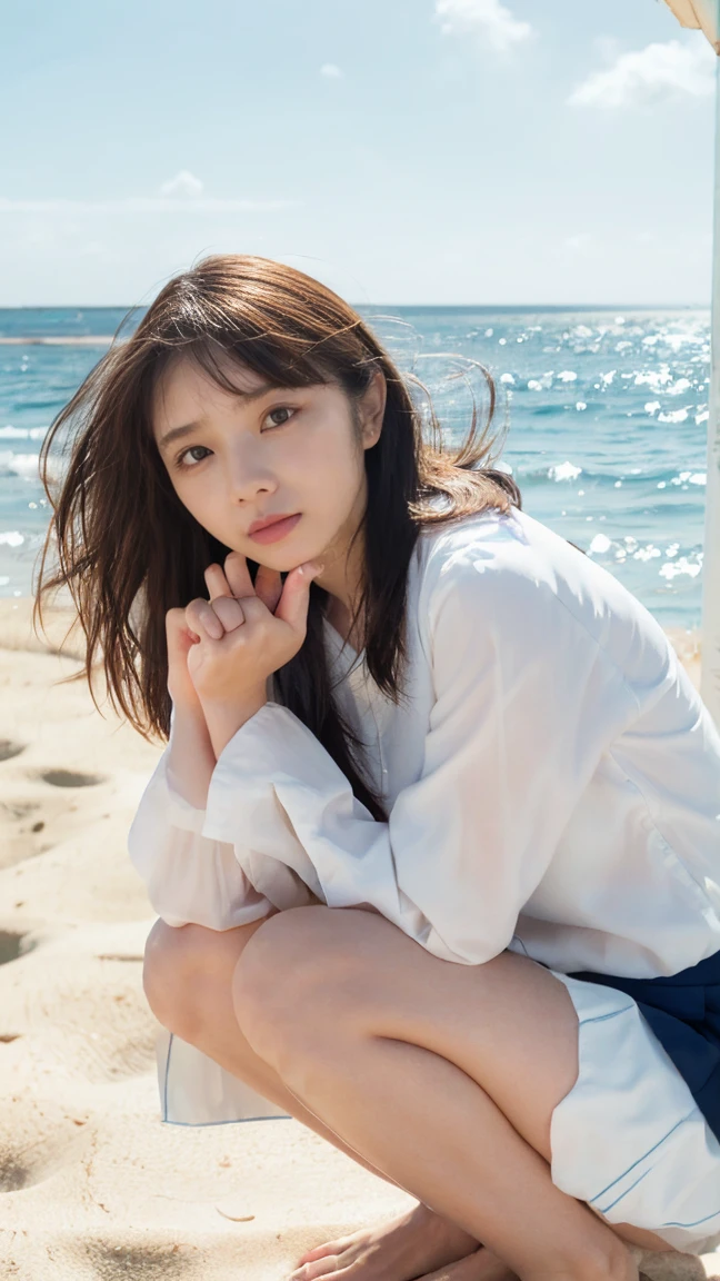 (((Top-down configuration:1.33)))、(((A strong wind is blowing、Her hair is flying、Kneel, Open shirt:1.68、Lower body exposed、Leaning forward:2.25)))、((No underwear:1.55))、One Girl、Beautiful and detailed eyes and face、barefoot、20 year old cute Japan woman, ((Extremely precise and accurate anatomy:1.0)), (photo Realistic:1.4), (hyper Realistic:1.4), (最高品質のRealisticな肌の質感:1.4), (Improvement of quality:1.4), (Enhances the beauty of skin texture:1.1), Clean and glowing skin, mesh, thin:1.2, (Realistic:1.3), Realisticなライティング, (Smoother lighting:1.05), (Improving the quality of cinema lighting:0.9), Backlight, A gentle light shining on your face, Ray Tracing, (Bright light:1.2), 32k, One Japanese woman, fine grain, Detailed face, (Film Grain:1.1),(Accentuates body lines:1.1), High resolution, Natural look, Kind eyes, Improves hair quality, Delicate light and shadow, Transparent muscle, Graceful pose, Beautiful Eyes, Sharp details, Soft light reflection, Beautiful contours, Delicate skin tone, Fine hair texture, Natural background, sunny day、Beach、splash、Sandy Beach、Light of the sun、clear blue sea、The waves crash quietly、Blue sky and white clouds、green mountain々、Beautiful Nature、The joy of youth