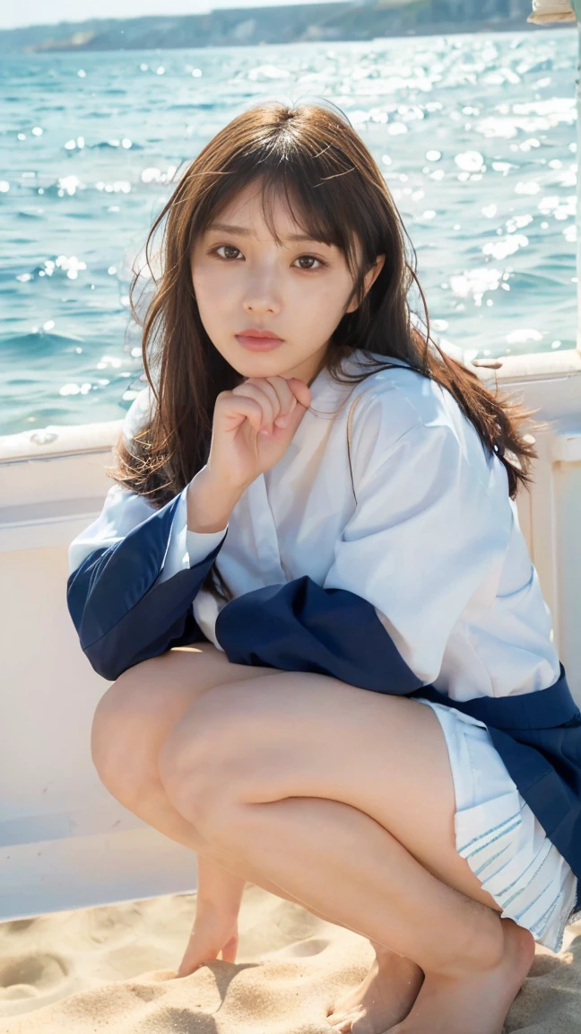 (((Top-down configuration:1.33)))、((No underwear:1.55))、One Girl、Beautiful and detailed eyes and face、barefoot、20 year old cute Japan woman, ((Extremely precise and accurate anatomy:1.0)), (photo Realistic:1.4), (hyper Realistic:1.4), (最高品質のRealisticな肌の質感:1.4), (Improvement of quality:1.4), (Enhances the beauty of skin texture:1.1), Clean and glowing skin, mesh, thin:1.2, (Realistic:1.3), Realisticなライティング, (Smoother lighting:1.05), (Improving the quality of cinema lighting:0.9), Backlight, A gentle light on your face, Ray Tracing, (Bright light:1.2), 32k, One Japanese woman, fine grain, Detailed face, (Film Grain:1.1),(Accentuates body lines:1.1), High resolution, Natural look, Kind eyes, Improves hair quality, Delicate light and shadow, Transparent muscles, Graceful pose, Beautiful Eyes, Sharp details, Soft light reflection, Beautiful contours, Delicate skin tone, Fine hair texture, Natural background, (((sunny day、Beach、A strong wind is blowing、Her hair and skirt are flying、Squat, Traditional navy blue sailor uniform、Open shirt、Pleated skirt、Scooping seawater with hands:1.25、splash、Sandy Beach、Light of the sun、clear blue sea、The waves crash quietly、Blue sky and white clouds、green mountain々、Beautiful Nature、The joys of youth)))、
