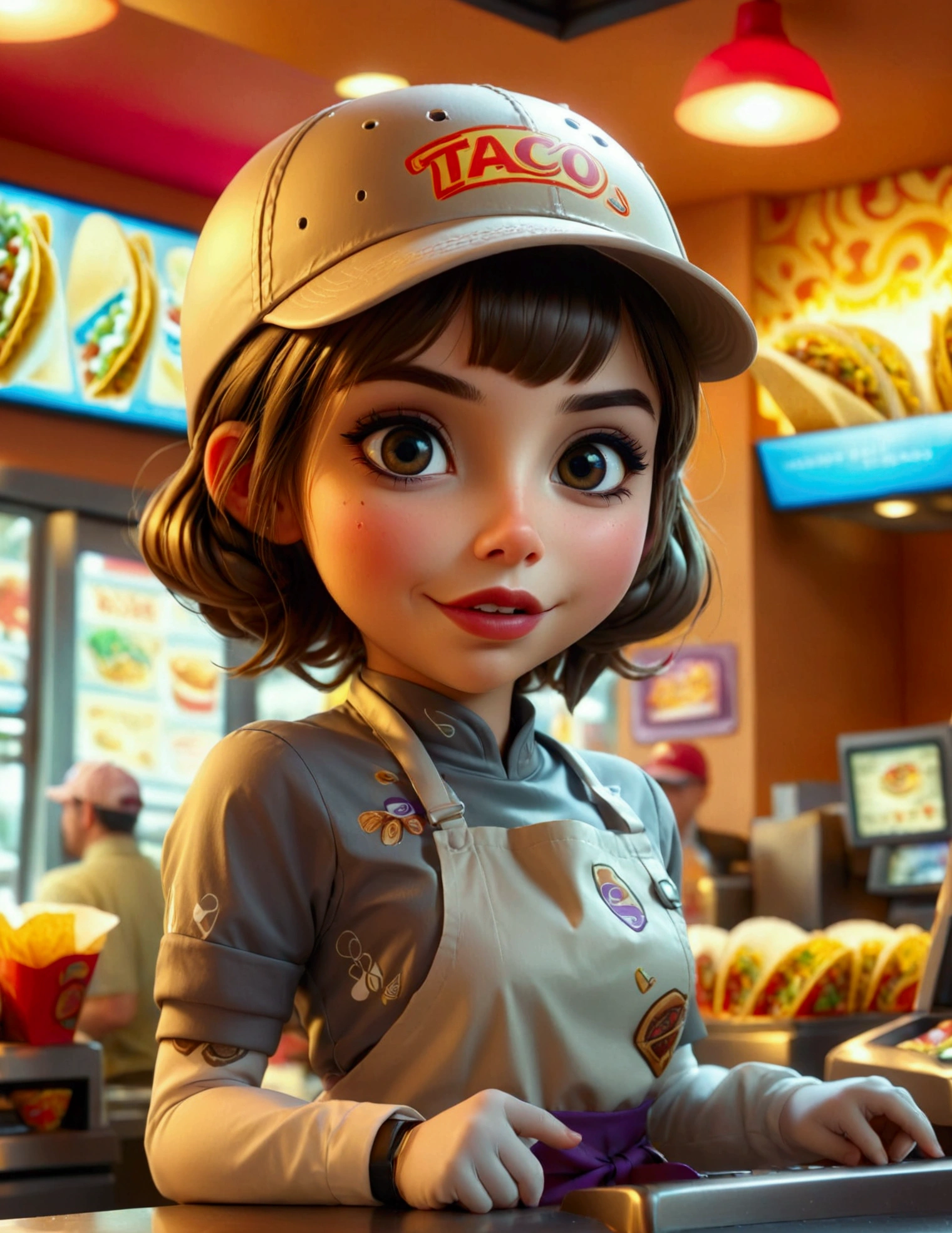 A cute android fast food worker in an apron and cap, awkwardly happy poses, working the cash register at a crowded, busy Taco Bell, 1girl, detailed face, detailed eyes, detailed lips, hyperrealistic, studio lighting, 8k, extremely detailed, intricate, highly detailed, photorealistic, digital art, concept art, vibrant colors, warm lighting
