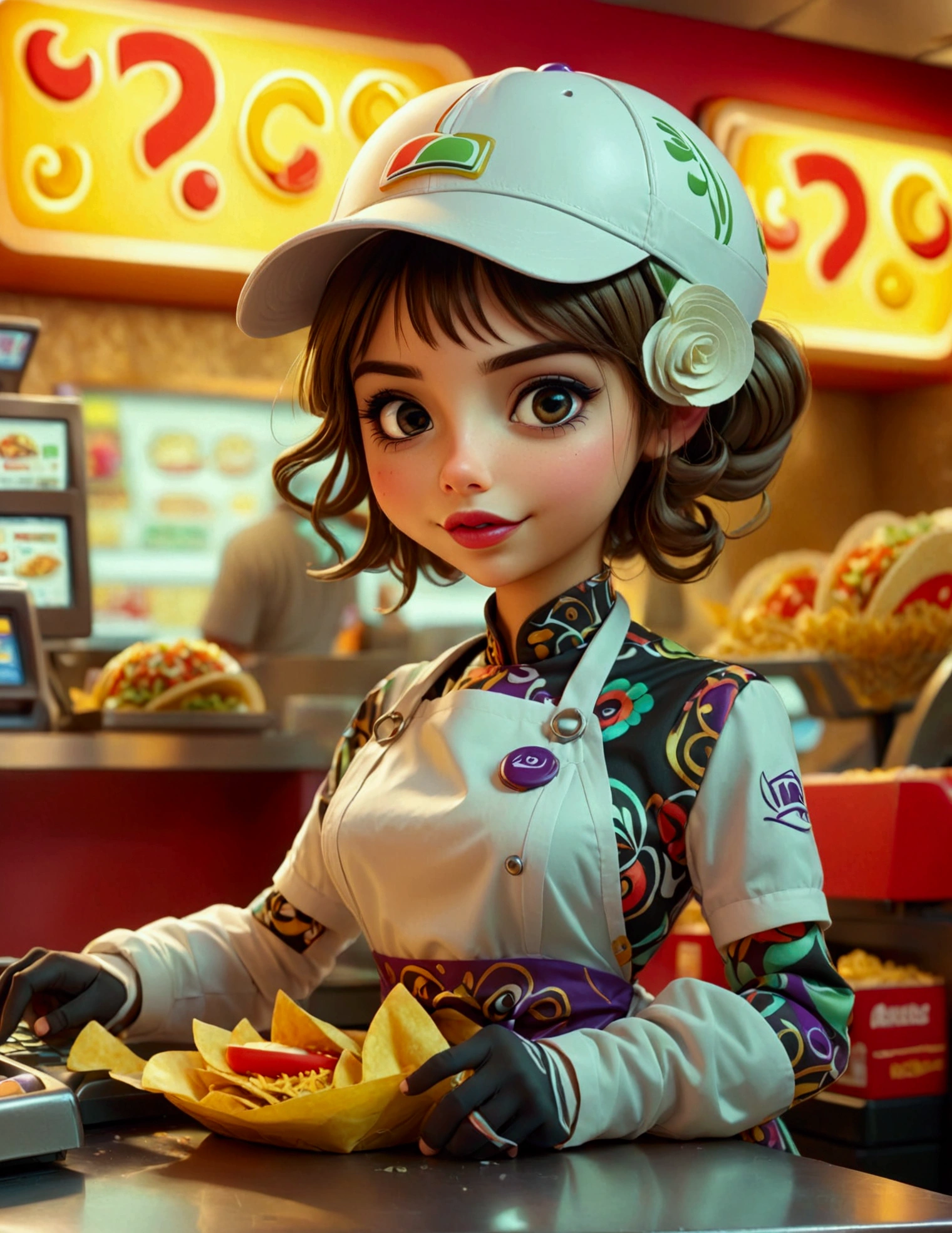 A cute android fast food worker in an apron and cap, awkwardly happy poses, working the cash register at a crowded, busy Taco Bell, 1girl, detailed face, detailed eyes, detailed lips, hyperrealistic, studio lighting, 8k, extremely detailed, intricate, highly detailed, photorealistic, digital art, concept art, vibrant colors, warm lighting
