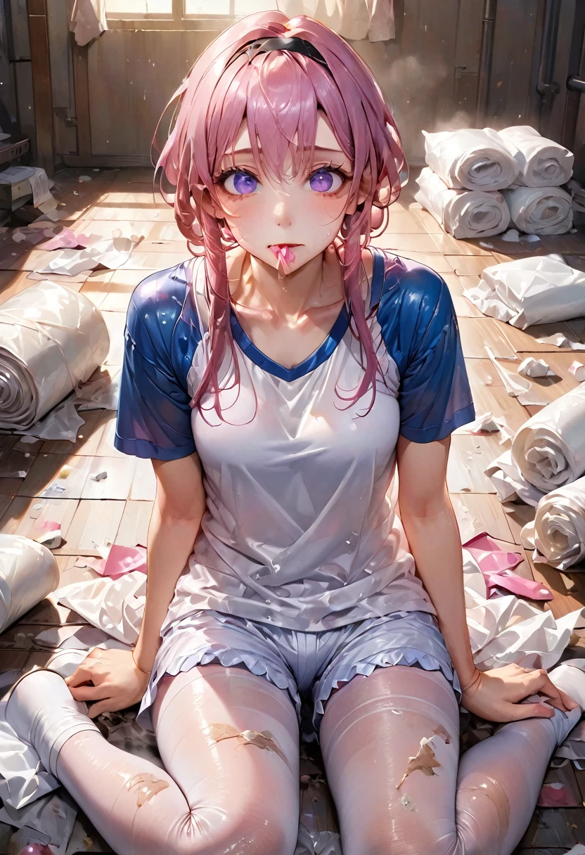 A large amount of rolled up tissue paper, Wrinkled, Dirty tissue on the ground, Excessive sweating on the face,Sweat dripping down,Sitting on a dirty bed, Dirty futon with golden stains Dirty old gym mat ,Gymnasium Warehouse, Plenty of tissue paper , Garbage is scattered everywhere, Very dirty mat, A room full of messy garbage, Scared I am going to cry Embarrassing Dimly lit room Hardwood Floors Scattered tissue paper White gym wear, Blue Sleeves Blue Bloomers high school student Illustration Style Anime Style Narrow-mouthed Small lips Frightened face Baby Face beautiful girl Very cute clothes Cheeks pink Light purple hair Blonde long hair super curly hair Super long sideburns Rubber clothing hair band Pearl white silk tights that become transparent when wet White super long boots Big eyes Droopy eyes Stern expression Shocking Pink Rouge Sweating profusely Crushed tissue paper The whole body is wet from rain Mucus clings to the whole body Steam coming out of the whole body Steam rises across the screen. White breath from the mouth Haa The whole body is covered in oil