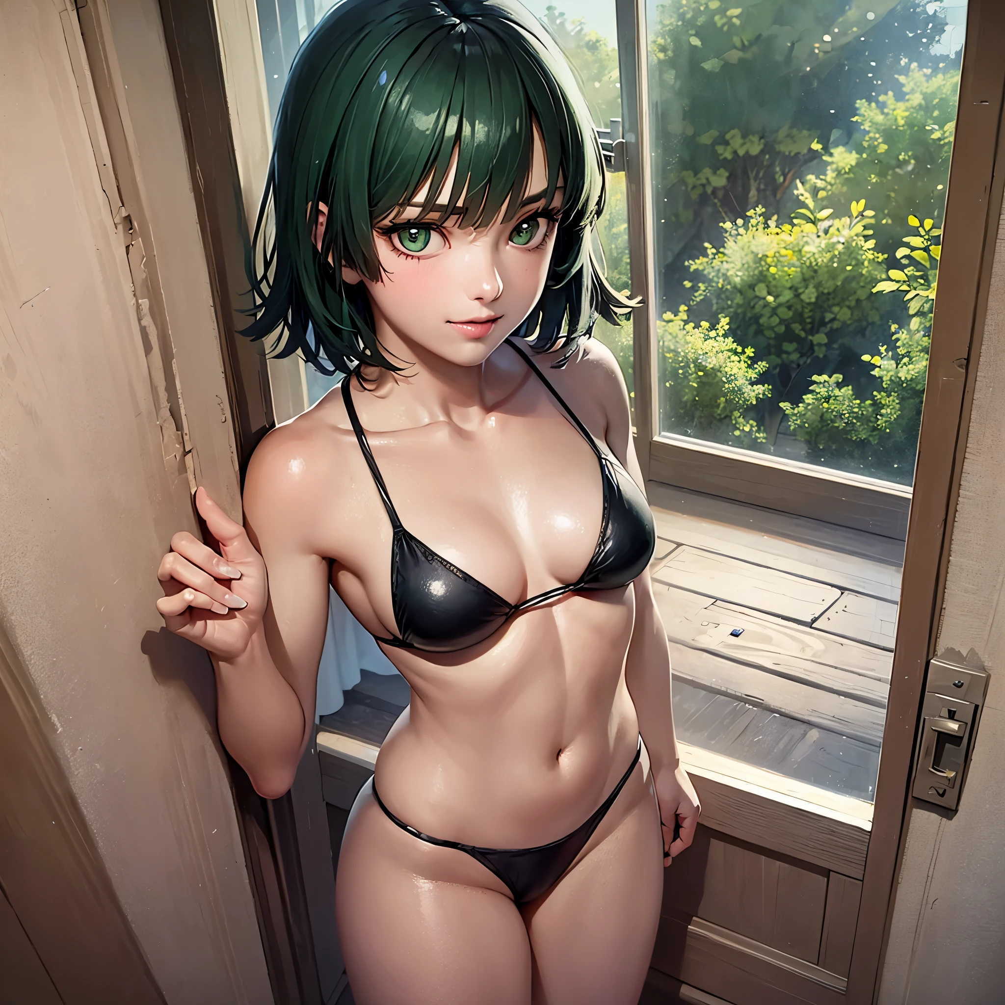 pov doorway, 1girl, solo, standing, smile, closed mouth, cowboy shot, opening door,green hair fubuki, green eyes, (window:1.1), (small breasts:1.1), bed, shadow,short black micro bikini