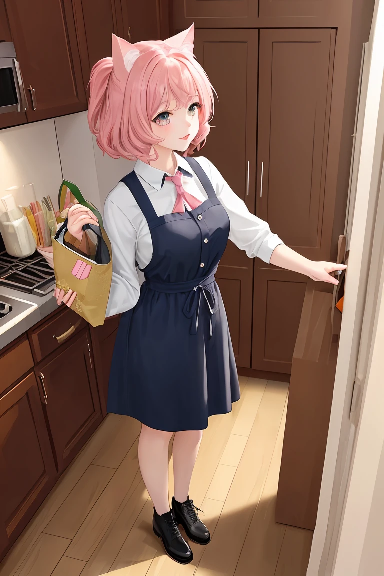 (score_9,score_8_up,score_7_up,score_6_up,score_5_up,score_4_up),masterpiece, top quality, best quality, official art, beautiful and aesthetic, animation, , 1girl with cat ear, perfect figure, pink hair, complicated details, kitchen, standing in front of the refrigerator, holding a 1 bag of cat food ,