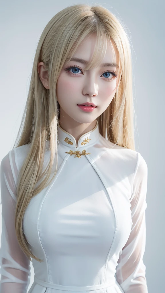 (((China dress、Ao Dai、White Background、Cowboy Shot、amount)))、amount、Northern Europe、Russia、beautiful girl、Platinum Blonde Hair、Straight Long Hair、Big Blue Eyes、Northern Europeの若者、Glowing Skin、Young and beautiful skin、A perfect and beautiful little face、Bright makeup、Pale pink lips、Bright expression、lipstick、Golden Hour Lighting、Movie Light、Intricate details、High resolution、 Detailed features of face design、Big Breasts