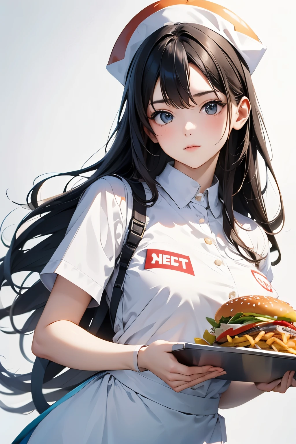  (Young woman wearing a fast food restaurant uniform、Wearing a paper hat、hamburger_french fries_Holding a tray with drinks:1.4)、Colorful uniforms、Bust Up Illustration、White Background、(Front view:1.4)、(Highest quality)、(masterpiece)、(detailed)、