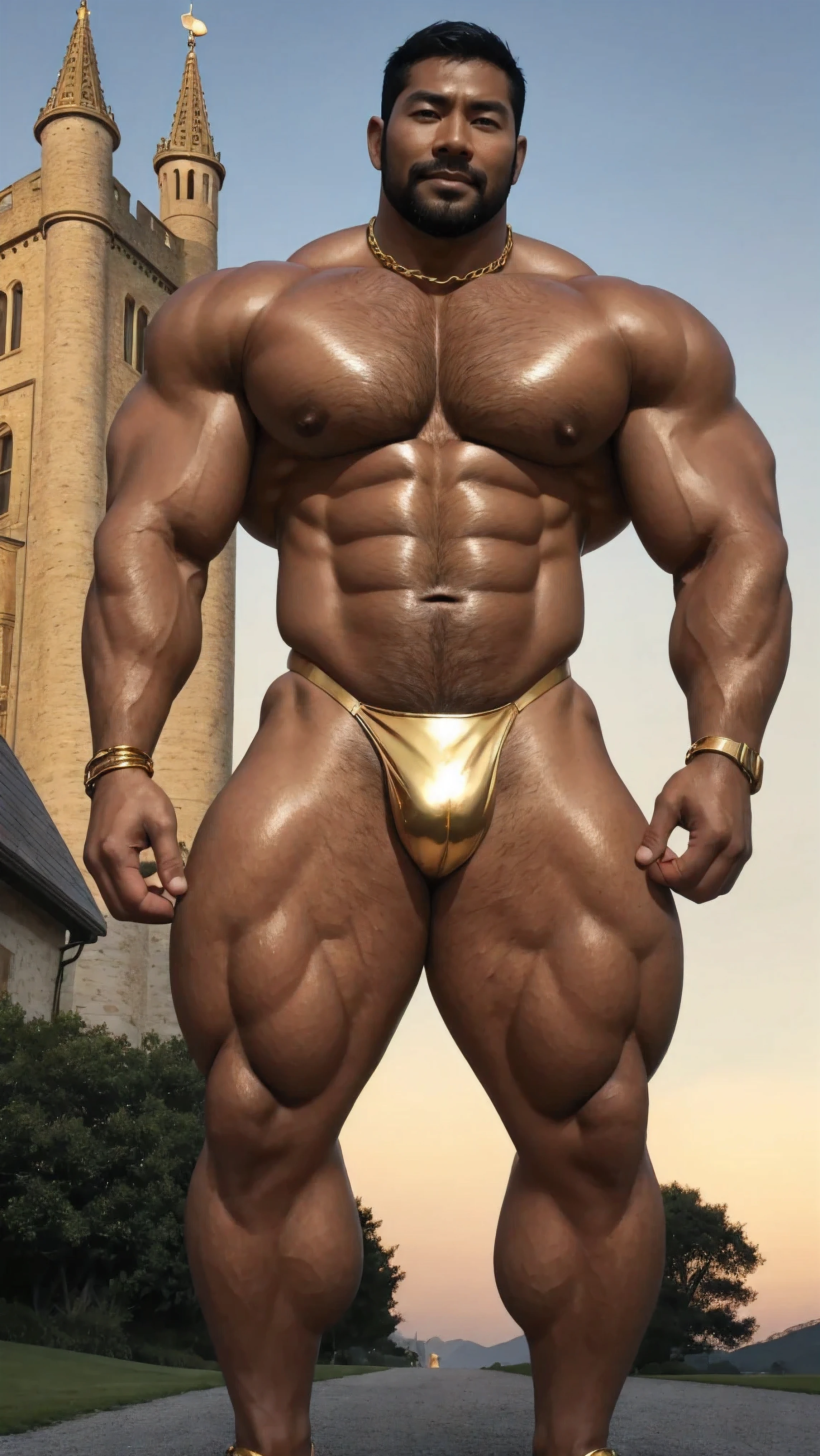There is only one handsome Asian actor in the photo,35 years old,High target, Fitness,Smooth body,Smooth skin,No chest hair,short hair, O-Shaped Beard,Perfect body, Dark skin color,Radiant Skin,Smooth skin,Shiny, shiny skin,Smooth pectoral muscles,Muscle bulge, muscular, Very large pectoral muscles,Very sexy abdominal muscles,Very well-developed leg muscles,Huge concave and convex area,Brightens oily skin,Wearing a shiny gold leather thong,Handsome face,Normal human toes,Correct and accurate male body proportions,Gold Collar,Gold bracelet,Gold anklets,dusk, Dynamic poses,Gradient sky, Gorgeous fantasy magic,Stand in front of the castle。