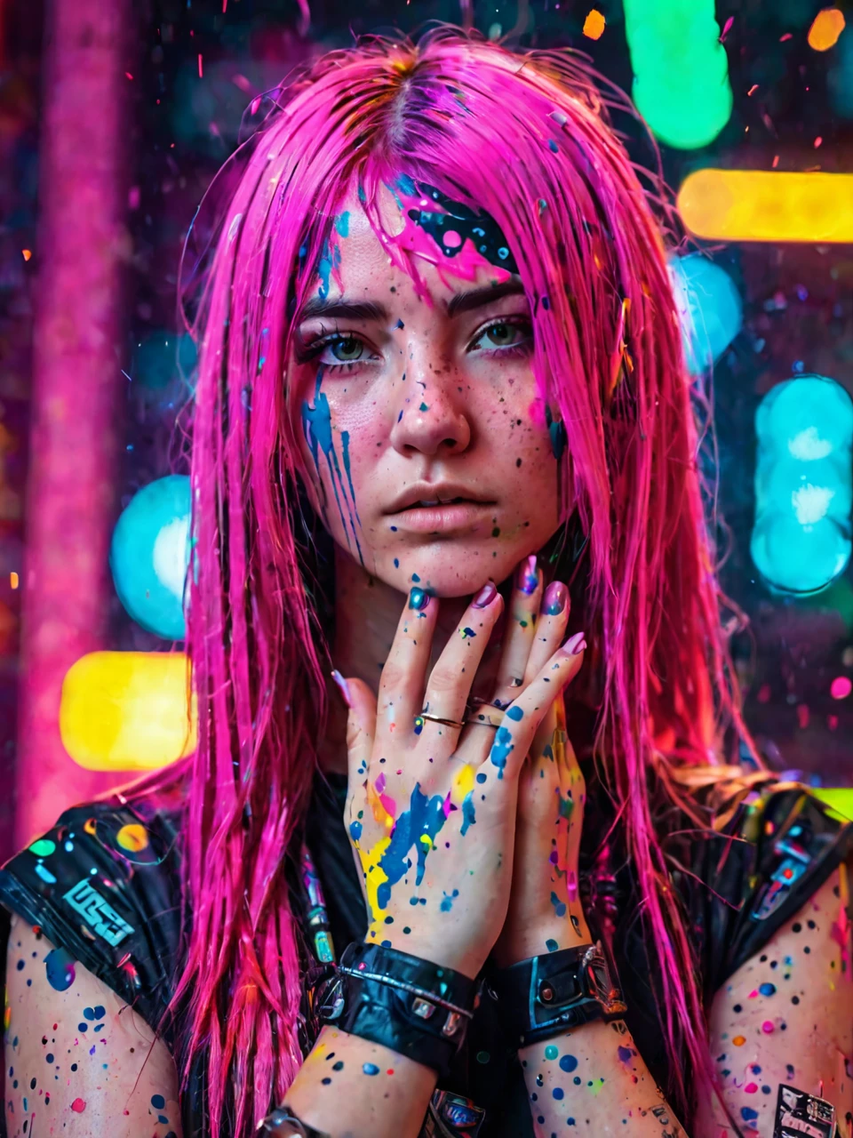 a girl with long pink hair, shaved temple, splattered with cosmic paint, neon lights in background, cyberpunk, direct gaze at viewer, serious expression, slightly aggressive look, hands covering face, covered in cosmic splatter pattern, realistic, photo, portrait, close-up face