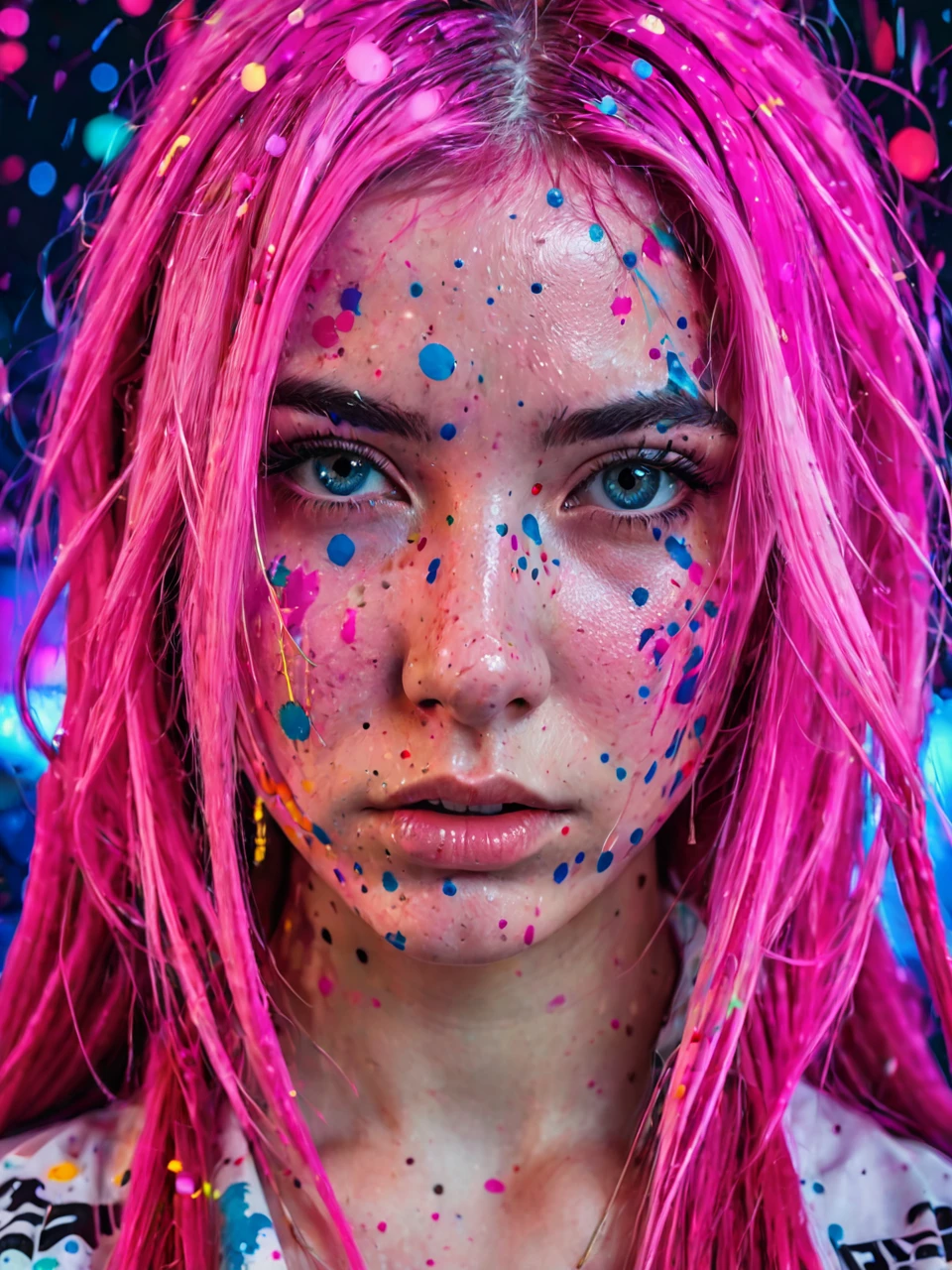 a girl with long pink hair, shaved temple, splattered with cosmic paint, neon lights in background, cyberpunk, direct gaze at viewer, serious expression, slightly aggressive look, hands covering face, covered in cosmic splatter pattern, realistic, photo, portrait, close-up face