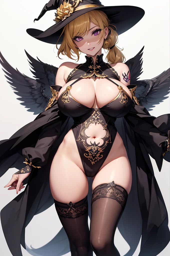 masterpiece), Highest quality,
One girl, (Ultra-high resolution:1.6), (eyelash:1.5),
(Exquisitely detailed body:1.2),
Yellow Hair,
(bangs:1.1), (ponytail:1.1),
Purple eyes, (Gothic Makeup, Red lipstick, eye shadow:1.1),
(Pale skin:1.1), (Huge breasts:1.6),
Grin, Open your mouth,
(Gold embroidered bodysuit, Belly button cutout, tattoo:1.2), (pantyhose:1.2),
(Witch Costume:1.2),
(ribbon:1.1), (jewelry:1.1), gloves,
Are standing, peace,
(whole body:1.1),
( White Background:1.2)"、Obscene lines、(お腹にObscene lines)お腹にtattoo