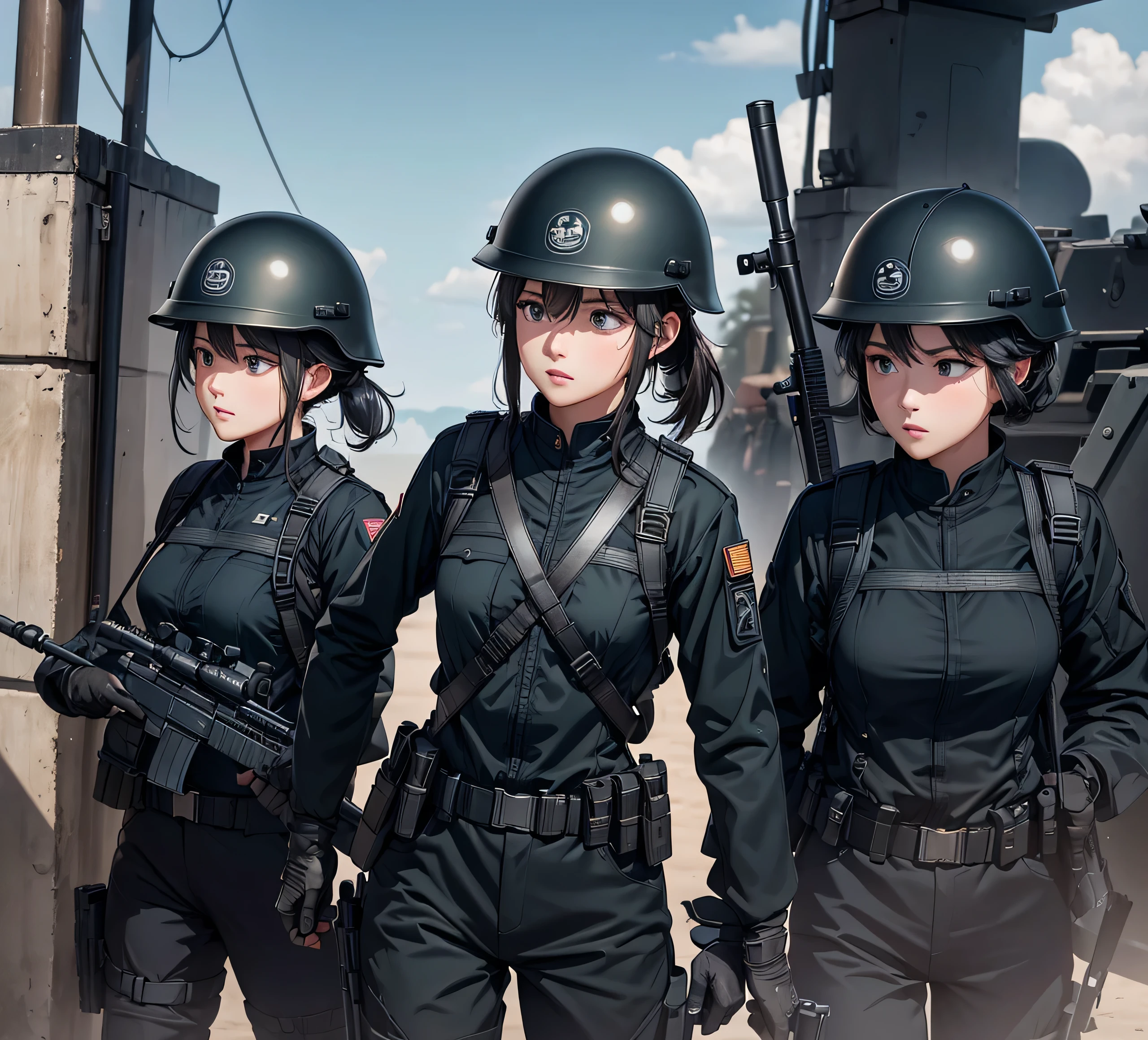 A group of female soldiers all wearing black blue military uniforms,Wear a steel helmet、Military Pants、Individual equipment set、Alert with guns、Write details、masterpiece、best quality、Highly detailed CG、8K picture quality