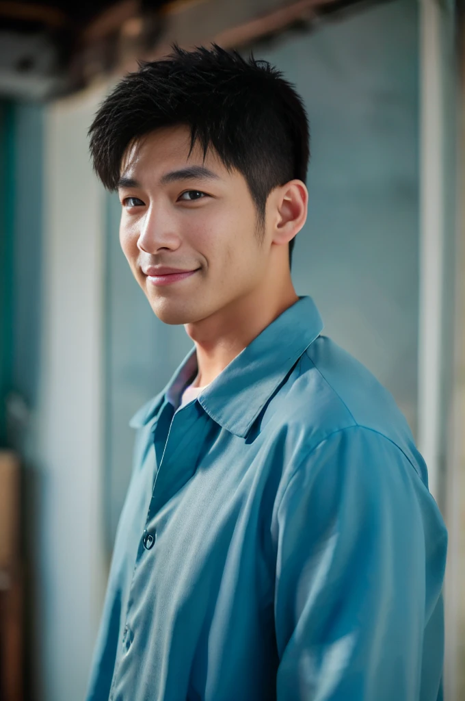 ((Highest quality, 8K, Masterpiece: 1.3))、Thailand Laos Burma Asia, Thai man, A handsome Asian rugby player with short hair, a muscular beard, and big muscles., １A man who has、 yo、Good appearance、Beautiful nose、smile、 Detailed eyes and face、beautiful light、(studio)、high resolution、（Look at the viewer.）、Fine mouth、smile、whole body: 1.5, perfect shape: 1.3, looking at camera ,Blue button-up shirt, ((bedroom)), sunlight looking at the field