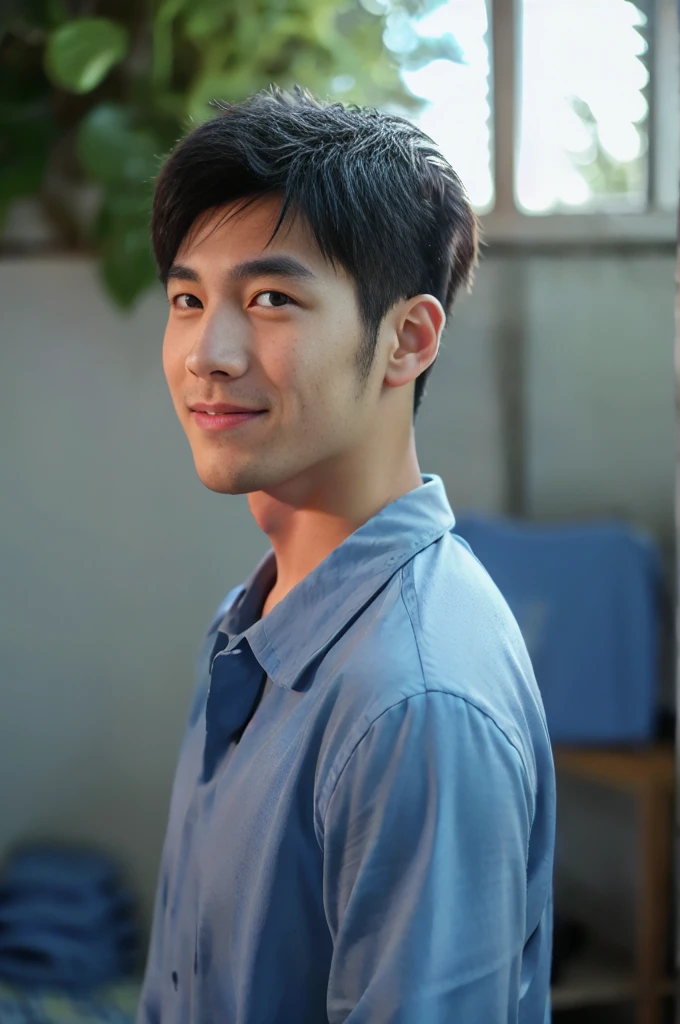 ((Highest quality, 8K, Masterpiece: 1.3))、Thailand Laos Burma Asia, Thai man, A handsome Asian rugby player with short hair, a muscular beard, and big muscles., 1A man who has、 yo、Good appearance、Beautiful nose、smile、 Detailed eyes and face、beautiful light、(studio)、high resolution、(Look at the viewer.)、Fine mouth、smile、whole body: 1.5, perfect shape: 1.3, looking at camera ,Blue button-up shirt, ((bedroom)), sunlight looking at the field