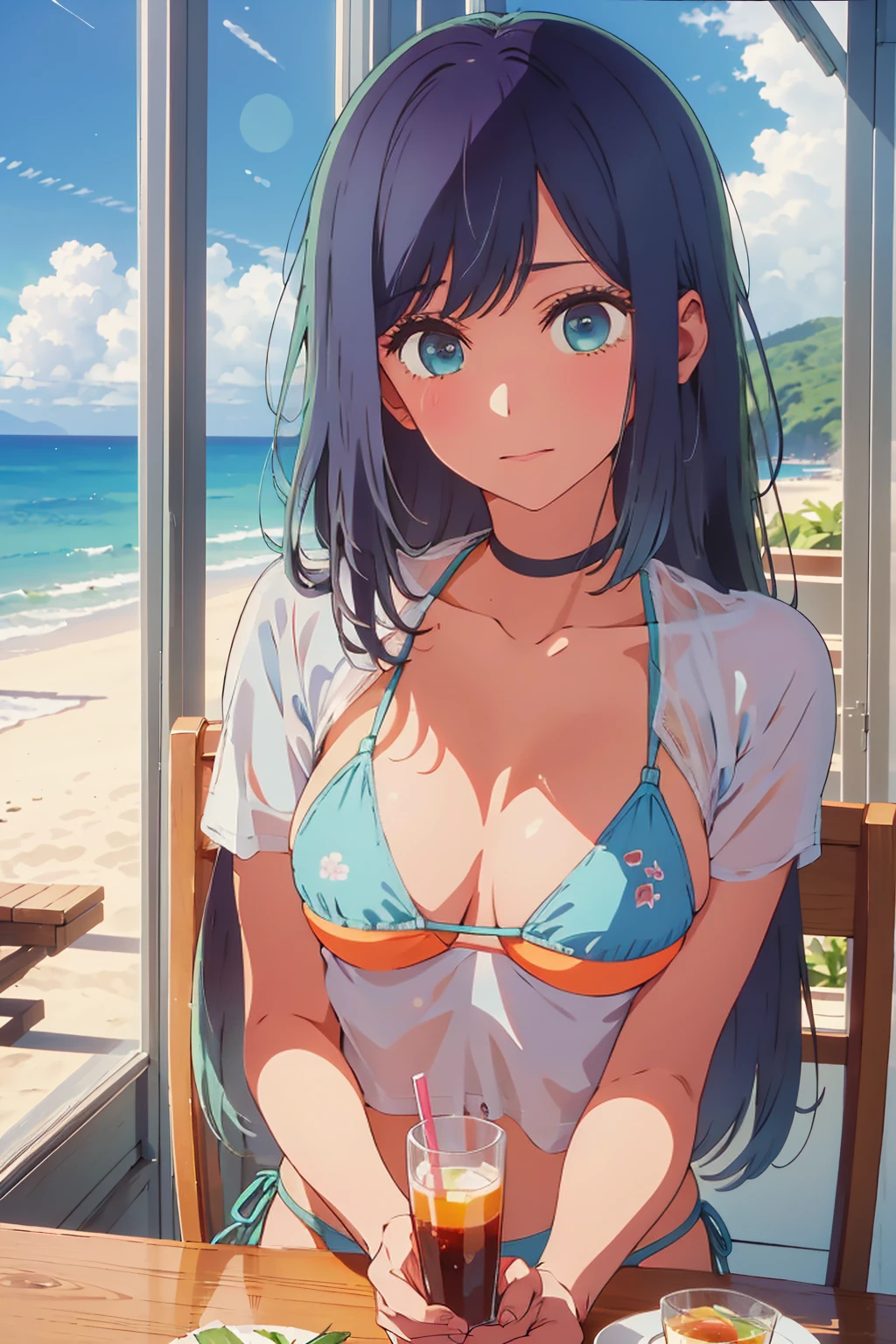 (Highest quality:1.4、masterpiece:1.4、Super detailed:1.4、8K:1.4)、((((1 person、Surprised expression、sit、Cafe Terrace、coastal、juice、table、Sandy Beach、juiceのグラスを持つ、Long Hair、Micro Bikini、Very soft boobs、Big eyes、Very cute face))))、F cup bust、Medium breast、Underboob、Nipples