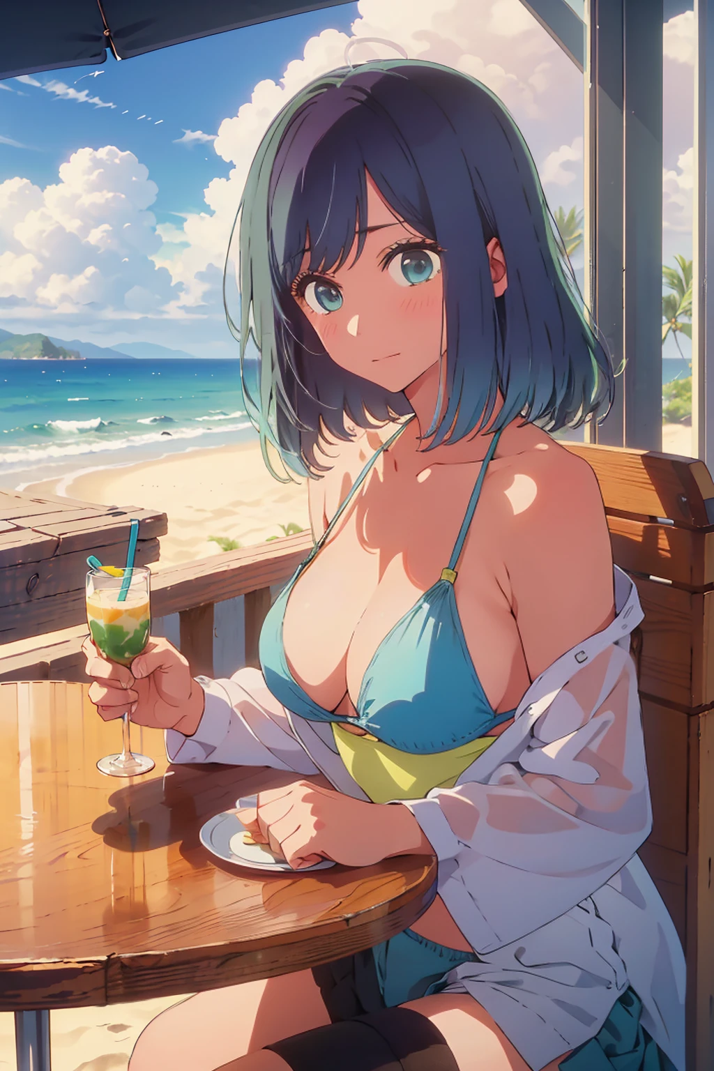 (Highest quality:1.4、masterpiece:1.4、Super detailed:1.4、8K:1.4)、((((1 person、Surprised expression、sit、Cafe Terrace、coastal、juice、table、Sandy Beach、juiceのグラスを持つ、Long Hair、Micro Bikini、Very soft boobs、Big eyes、Very cute face))))、F cup bust、Medium breast、Underboob、Nipples