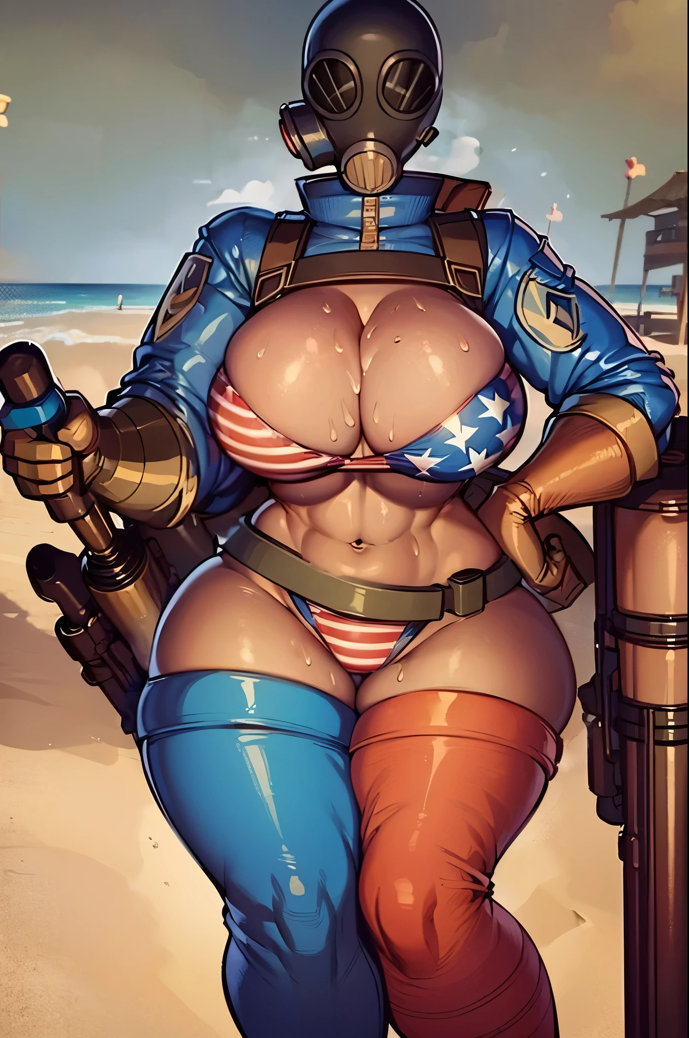 a busty Fempyro from Team Fortress 2 posing seductively at the beach, wearing an american flag print bikini and a gas mask, (stars and stripes), (swimsuit), (bikini), (holding a flamethrower weapon), (thigh high boots), faceless, with her bare skin exposed, wide hips, shapely, beautiful, full-figured, a big booty and ass, huge bosom, big sweaty boobies, ((ridiculously big tits)), perfect milky breasts, (M-cup breasts), (massive perky boobs), and thick thighs, sexy, lewd, (1girl), sweating, hot, clear background, high detail, masterpiece