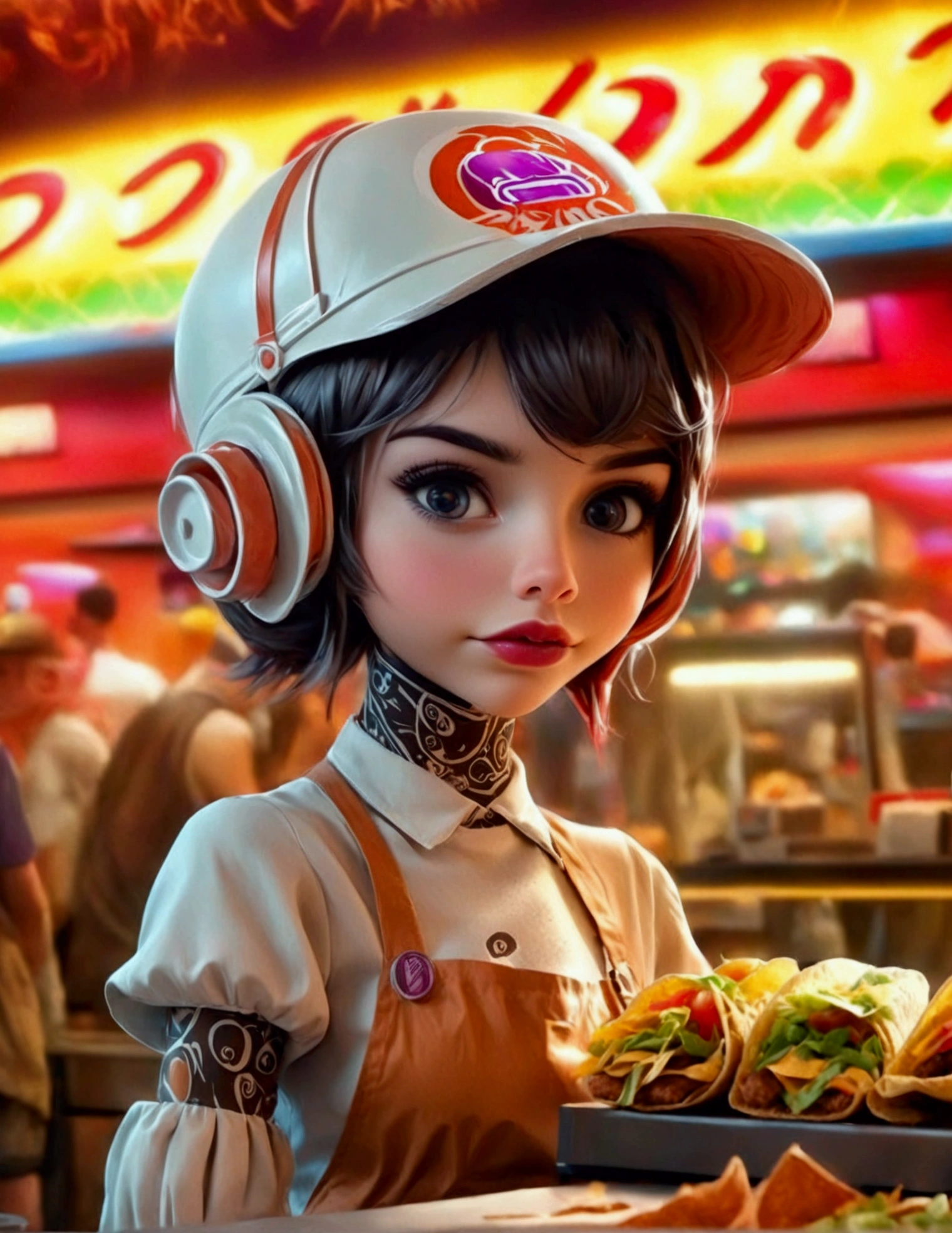 A cute android fast food worker in an apron and cap, awkwardly happy poses, working the cash register at a crowded, busy Taco Bell, 1girl, detailed face, detailed eyes, detailed lips, hyperrealistic, studio lighting, 8k, extremely detailed, intricate, highly detailed, photorealistic, digital art, concept art, vibrant colors, warm lighting