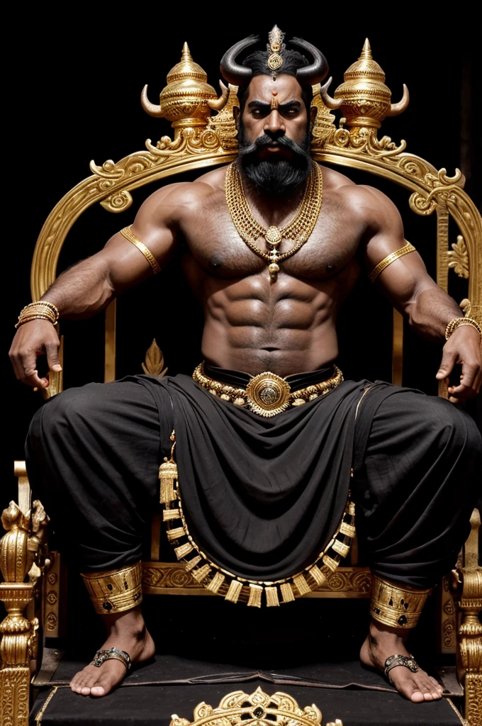 full view full body, King Xerxes, looking young and hansome, with no hair, no beard, no moustache, He is totally waxed, without a single hair, over-muscular with his over-inflated and over-bloated shoulders,legs, pecs, biceps and abs, is naked and covered with dozens gold jewelery, rings, bracelets, necklaces and dozens of gold piercings on all body and face, golden sandals, arrogantly seated on his golden assyrian throne