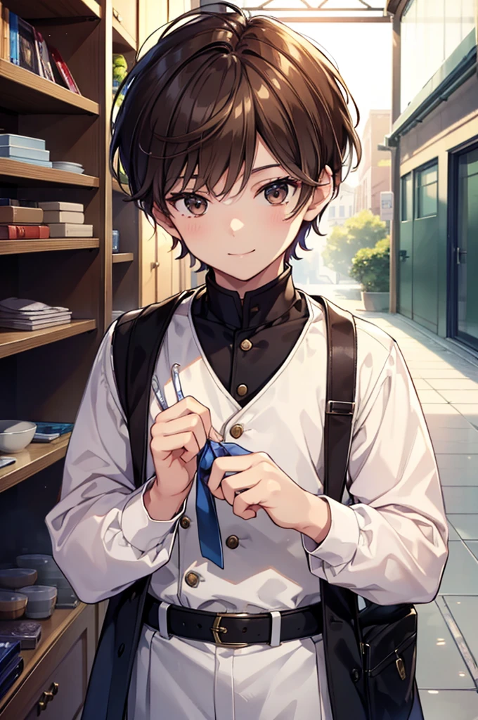 1.5, best quality, high quality, High definition, High quality texture, high detail, beautiful detailed, finely detailed, extremely detailed cg, detailed texture, 1man, boy, male, ((young)), very young, elementary, school, outfit, uniform, short hair, brown hair, smiling, short, kid
