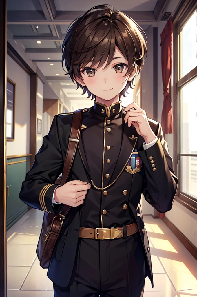 1.5, best quality, high quality, High definition, High quality texture, high detail, beautiful detailed, finely detailed, extremely detailed cg, detailed texture, 1man, boy, male, ((young)), very young, elementary, school, outfit, uniform, short hair, brown hair, smiling, short, kid
