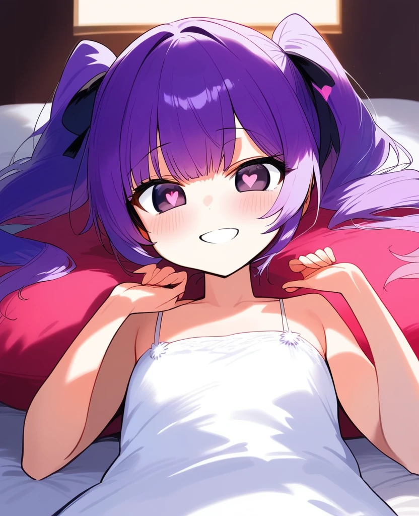 Purple Hair、Twin tails、Heart Eyes、Heart Eye、smile、Hotel、bed