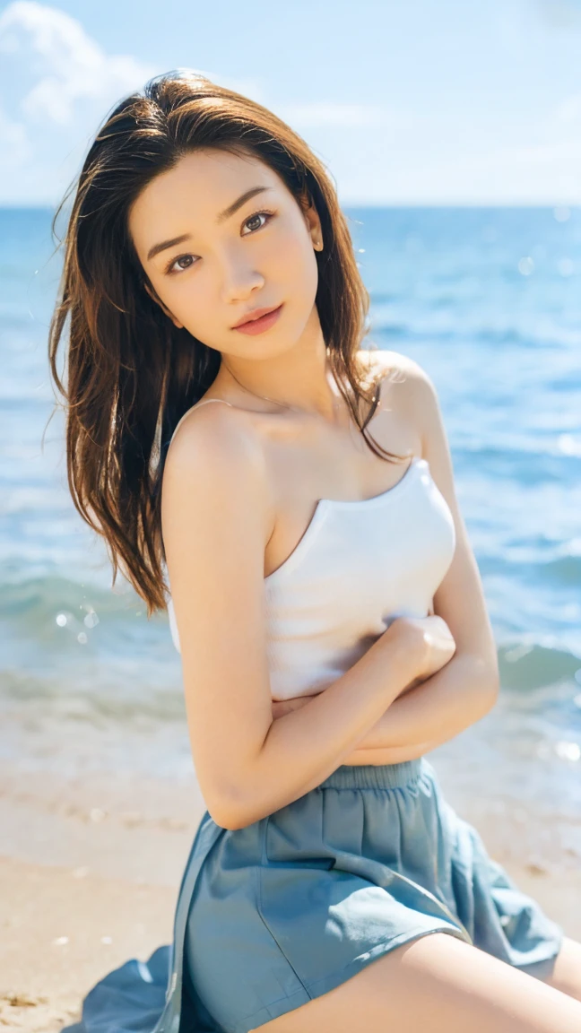 (((Top-down configuration:1.33)))、((No underwear:1.55))、One Girl、Beautiful and detailed eyes and face、barefoot、20 year old cute Japan woman, ((Extremely precise and accurate anatomy:1.0)), (photo Realistic:1.4), (hyper Realistic:1.4), (最高品質のRealisticな肌の質感:1.4), (Improvement of quality:1.4), (Enhances the beauty of skin texture:1.1), Clean and glowing skin, mesh, thin:1.2, (Realistic:1.3), Realisticなライティング, (Smoother lighting:1.05), (Improving the quality of cinema lighting:0.9), Backlight, A gentle light on your face, Ray Tracing, (Bright light:1.2), 32k, One Japanese woman, fine grain, Detailed face, (Film Grain:1.1),(Accentuates body lines:1.1), High resolution, Natural look, Kind eyes, Improves hair quality, Delicate light and shadow, Transparent muscles, Graceful pose, Beautiful Eyes, Sharp details, Soft light reflection, Beautiful contours, Delicate skin tone, Fine hair texture, Natural background, (((sunny day、Beach、A strong wind is blowing、Her hair and skirt are flying、Squat, Traditional navy blue sailor uniform、Open shirt、Pleated skirt、Scooping seawater with hands:1.25、splash、Sandy Beach、Light of the sun、clear blue sea、The waves crash quietly、Blue sky and white clouds、green mountain々、Beautiful Nature、The joys of youth)))、