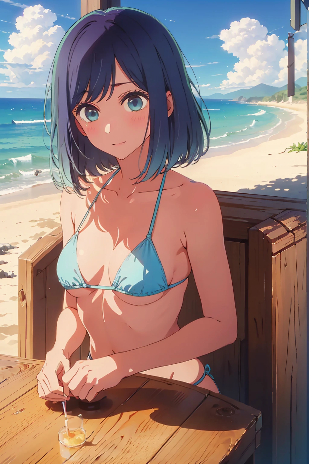 (Highest quality:1.4、masterpiece:1.4、Super detailed:1.4、8K:1.4)、((((1 person、Surprised expression、sit、Cafe Terrace、coastal、juice、table、Sandy Beach、juiceのグラスを持つ、Long Hair、Micro Bikini、Very soft boobs、Big eyes、Very cute face))))、F cup bust、Medium breast、Underboob