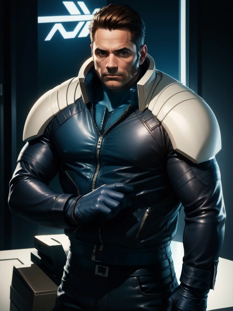 40 year old man, alone, strong, muscular, short brown hair, blue clothes, wears blue gloves, high resolution, perfect image, very detailed, high contrast, digital colors, simple, medium shot, cinematic, ultra sharp focus, Award-winning photography, perfect contrast, high sharpness, depth of field, ultra-detailed photography. global illumination, fluid, ultra high definition, 8k, Unreal Engine 5, ultra sharp focus, award-winning photography, Art Season Trends,