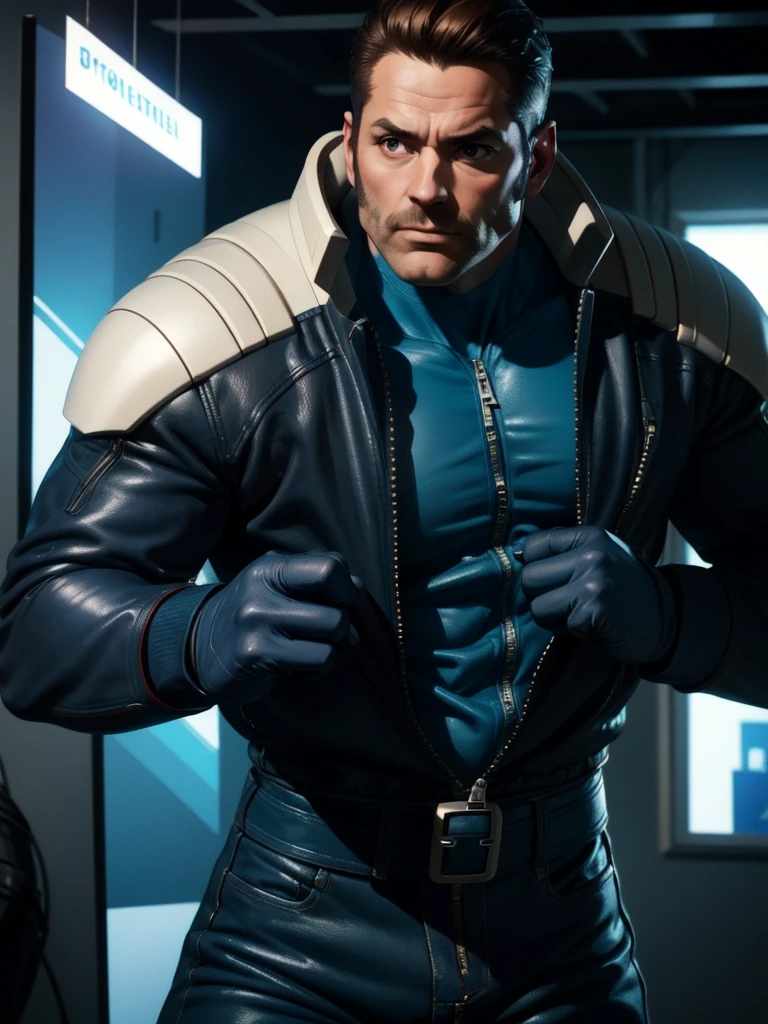 40 year old man, alone, strong, muscular, short brown hair, blue clothes, wears blue gloves, high resolution, perfect image, very detailed, high contrast, digital colors, simple, medium shot, cinematic, ultra sharp focus, Award-winning photography, perfect contrast, high sharpness, depth of field, ultra-detailed photography. global illumination, fluid, ultra high definition, 8k, Unreal Engine 5, ultra sharp focus, award-winning photography, Art Season Trends,