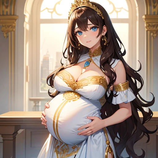 Beautiful pregnant queen, wavy brown hair, blue eyes, ornate white dress with gold details,
