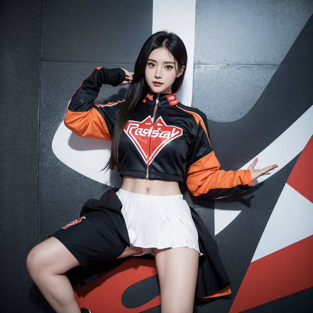 Super detailed photos、Detailed face、Lip gloss、Cool woman、Colorful costumes、F1 Driver Cosplay、Colorful costumes、Clothing with company logo、Grid Girlsのカラフルで派手な衣装、Grid Girls、Perfect Face、Paddock Girls、Harem、motor Show、tights、Bodycon Costumes、Grid Girls、Russia、Grid Girlsのコスプレ、belly button、Pleated skirt、Bodycon Costumes、Legs open pose、Spread your legs to show your crotch
