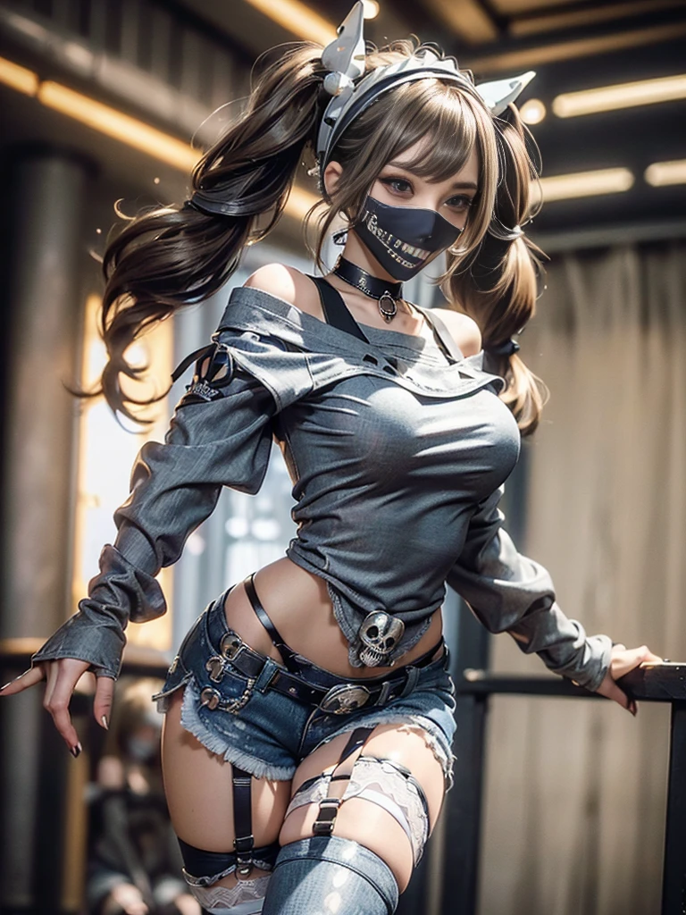 (Full Body View:1.3)、(Beautiful lips and nose:1.4)、(Side view:1.1)、(Smiling with teeth showing:1.3),(Beverly Hills Whore:1.5)、(Gothic ta delicately decorated battle uniform:1.5)、(White off-shoulder hoodie:1.5)、(Black, silver and white shorts:1.4)、(denim garter belt:1.5)、(Black and denim knee socks:1.3)、(Skull Silver Accessories:1.5)、(Lace collar:1.3)、(Brown Skin Belt:1.4)、(Brown boots:1.2)、(Underwear has polka dots:1.4)、23 years old、((Highest quality、In 8K、masterpiece:1.3))、Sharp focus:1.2、(Layered Cut、Huge boobs:1.1),Beautiful woman with perfect figure:1.4、(Dancing vigorously:1.3)、Slender Abs:1.2、Highly detailed face and skin texture、Detailed eyes、double eyelid,(Twin tails:1.3)、(Brown-golden hair:1.3)、Gravure idol、(The background is a luxurious dance hall.:1.3)、(Slim body:1.2),(Make your legs thinner:1.4),(clavicle:1.1)