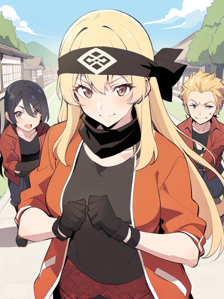 {{Upper part of the body}} {{Artist: sincos}} mature woman, straight hair, long hair, black hair with blonde highlights, light brown eyes, black ninja bandana, red jacket, black fitted t-shirt, Gloves without fingers, bottom: ninja village