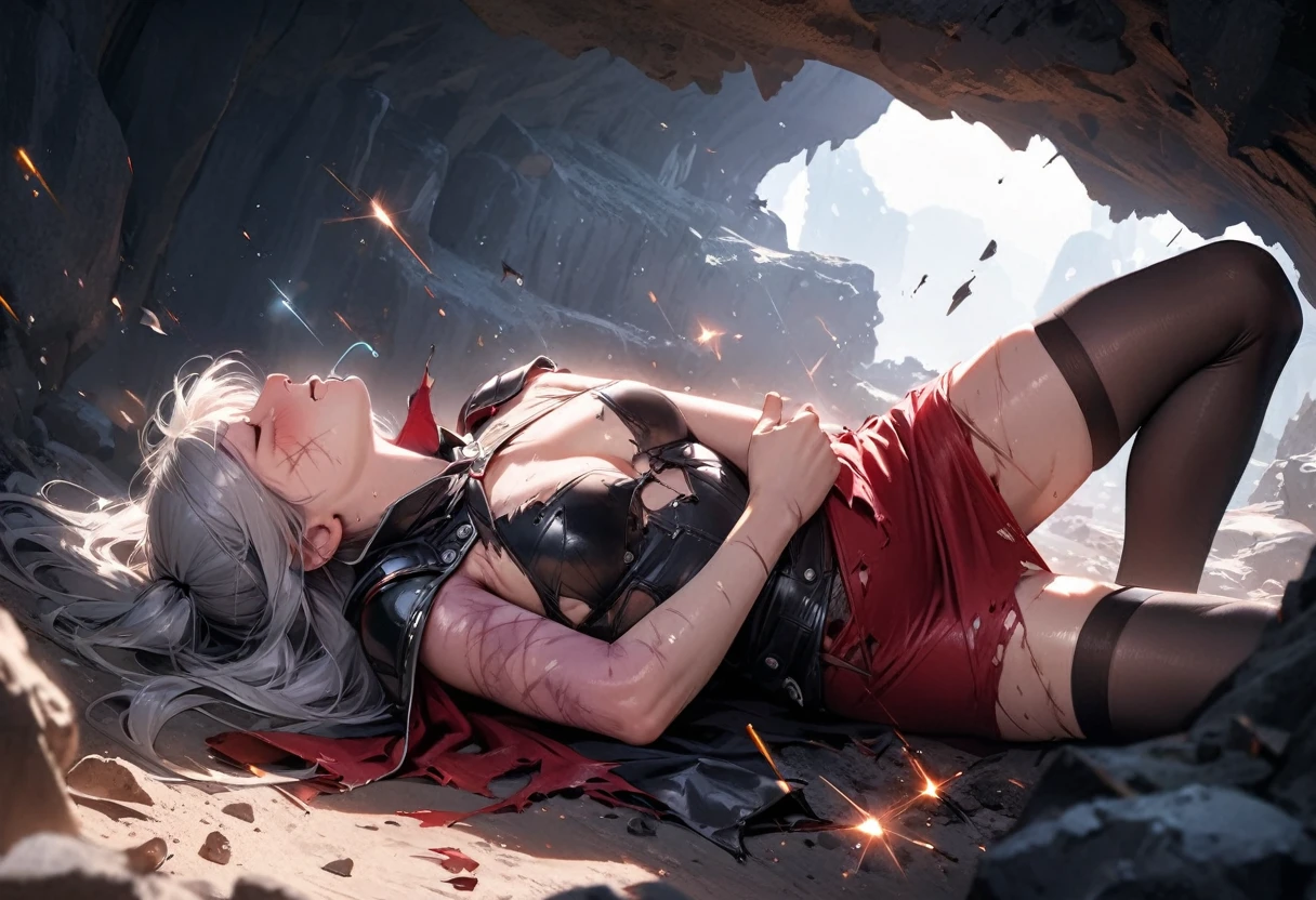 (best quality), (masterpiece), high res, all detailed, perfect anatomy, realistic, (two side up), long hair, silver hair, (red pencil Dress, single shoulders armor with Cape, pencil miniskirt), medium cleavage, [black thigh-highs], [white panties], (injury skin, scar skin, bleeding skin, torn clothes:1.1), Broken Armor, BREAK NSFW, solo, 1girl, lying, on side, leaning back, leg up, (closed eyes, cry, tears), sigh, blush, sweat, (outdoors, Cave), sparks, shockwave, stone Debris, cinematic lighting, diffraction spikes, three quarter view
