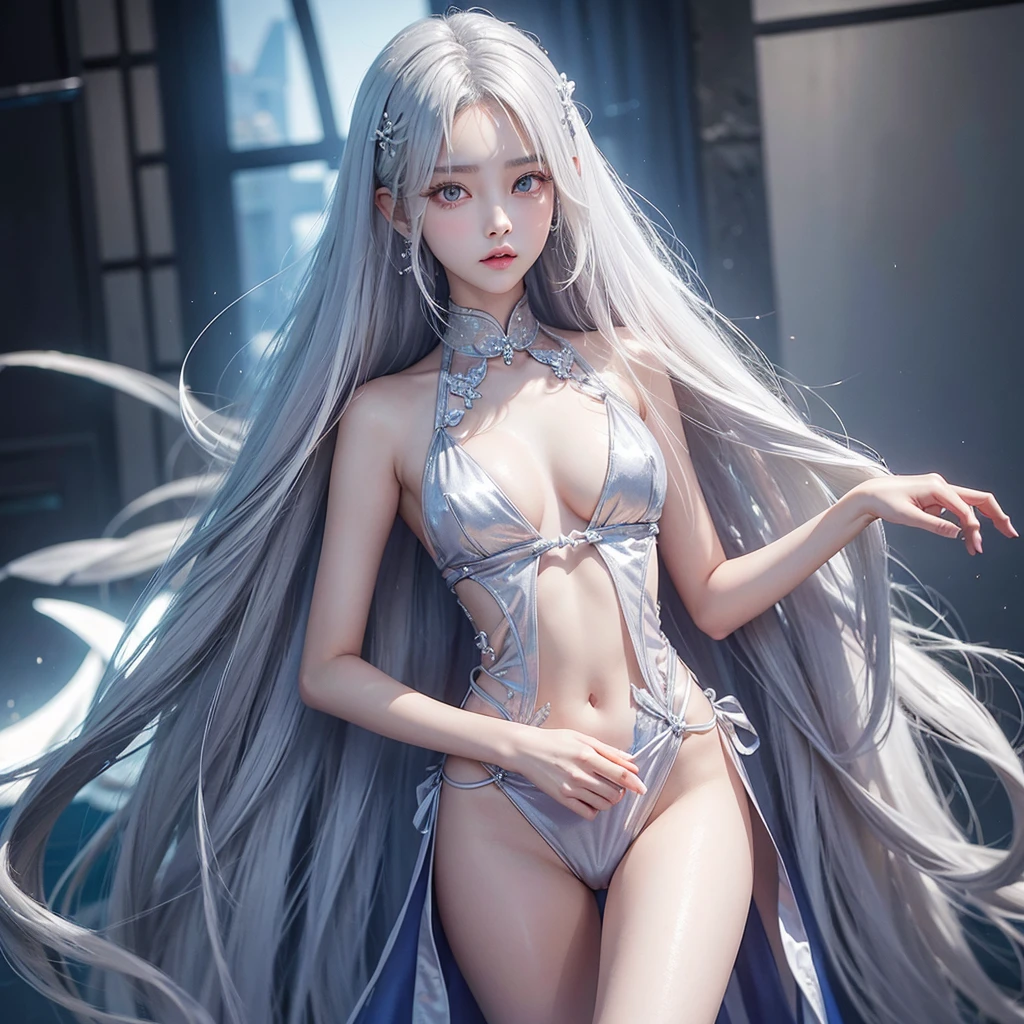 TWICE tzuyu, a Korean beauty, silvery white hair, long hair, small face, fair skin, narrow eyes, slanted eyes, slender, big breasts, sex appeal, lustrous, mature
