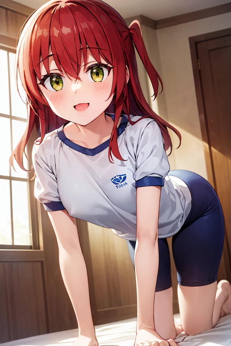room, 1 Girl, Highest quality, Ultra-high resolution, Long Hair, Redhead, Green Eyes,Looking at the audience, Small breasts , smile, Open your mouth、Cowboy Shot、(Navy blue cuffs and white short-sleeved gym uniform)、(Navy Blue Bloomers)、(
barefoot)、Navy blue socks、(((On all fours in bed)))